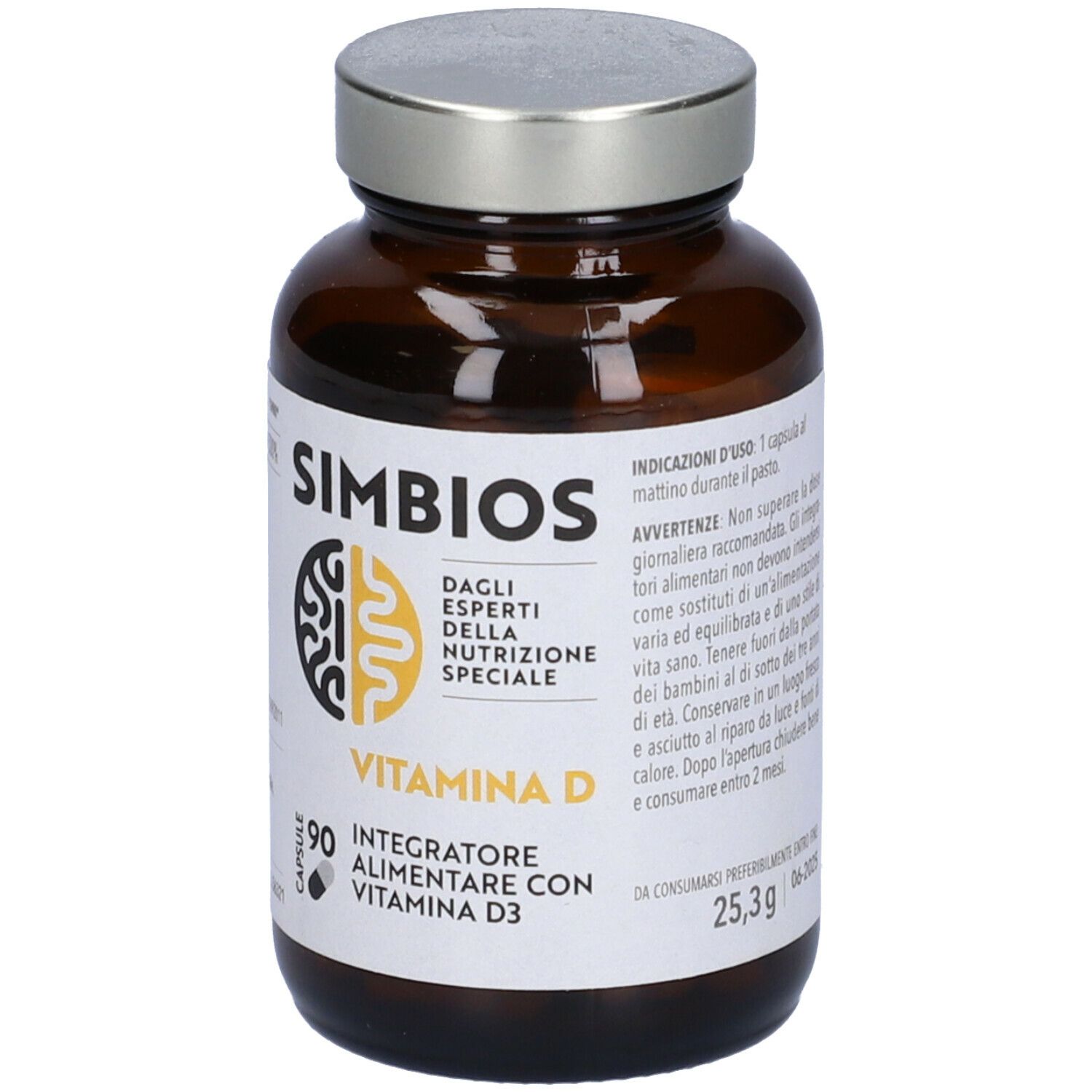 Flacone di vetro marrone con tappo argentato. Etichetta "Simbios", "Vitamina D" e "90 capsule".