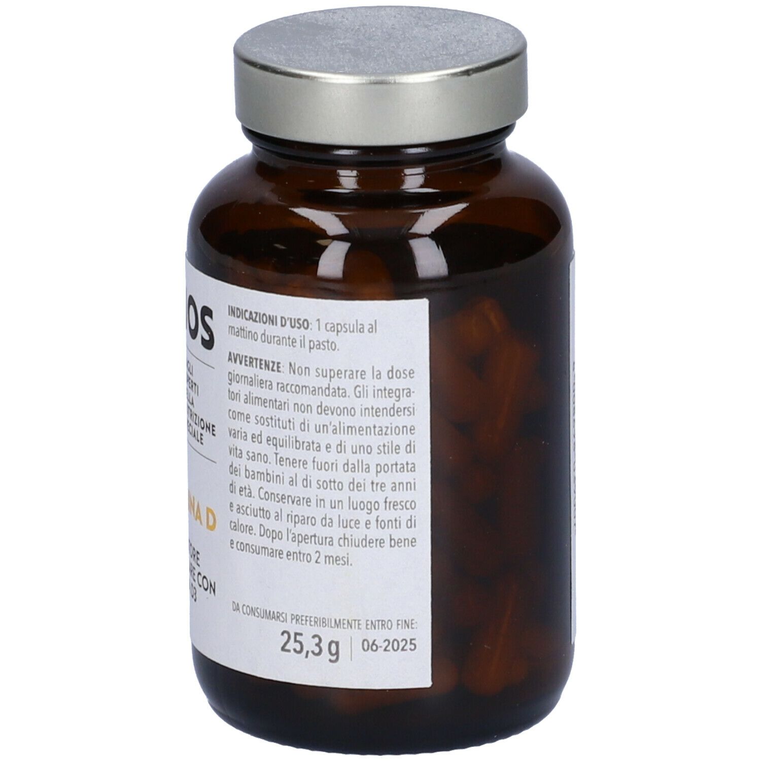 Flacone di vetro marrone con tappo argentato. Etichetta "Simbios", "Vitamina D" e "90 capsule".