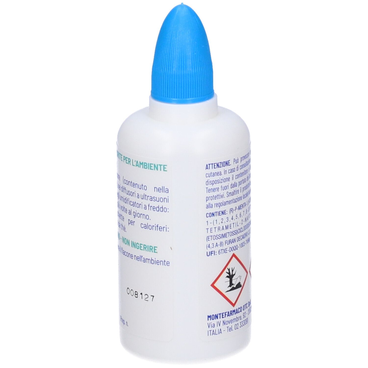 Weiße Kunststoffflasche mit blauem Schraubverschluss und Warnhinweisen.