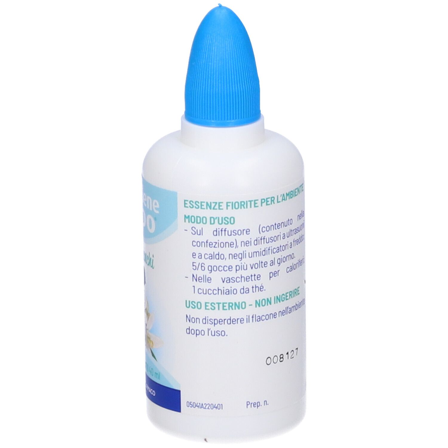 Weiße Tropfflasche mit blauem Schraubverschluss und Etikett mit Anwendungshinweisen.