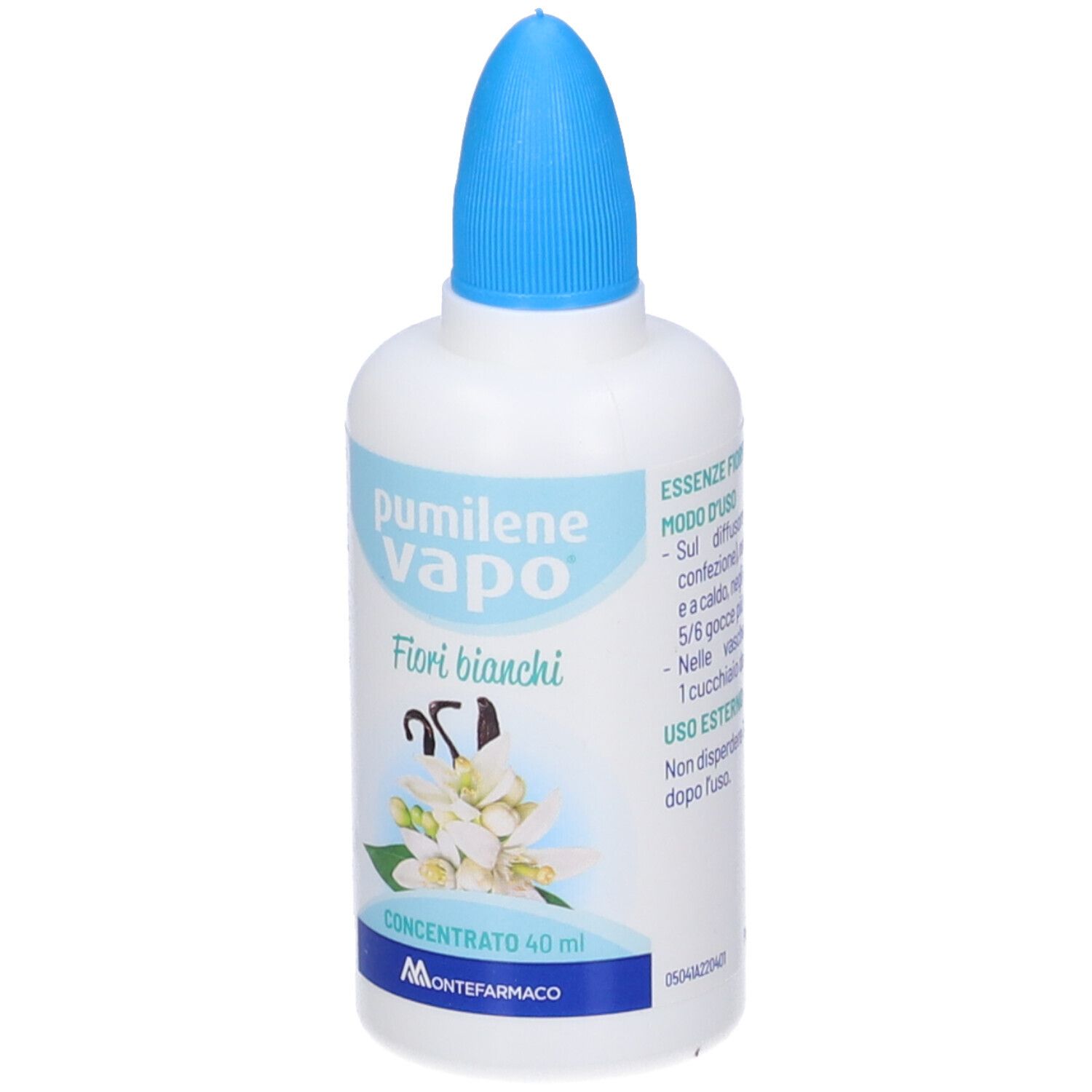 Weiße Flaschen mit blauem Verschluss, 40 ml Konzentrat, "pumilene vapo Fiori bianchi" Aufschrift.