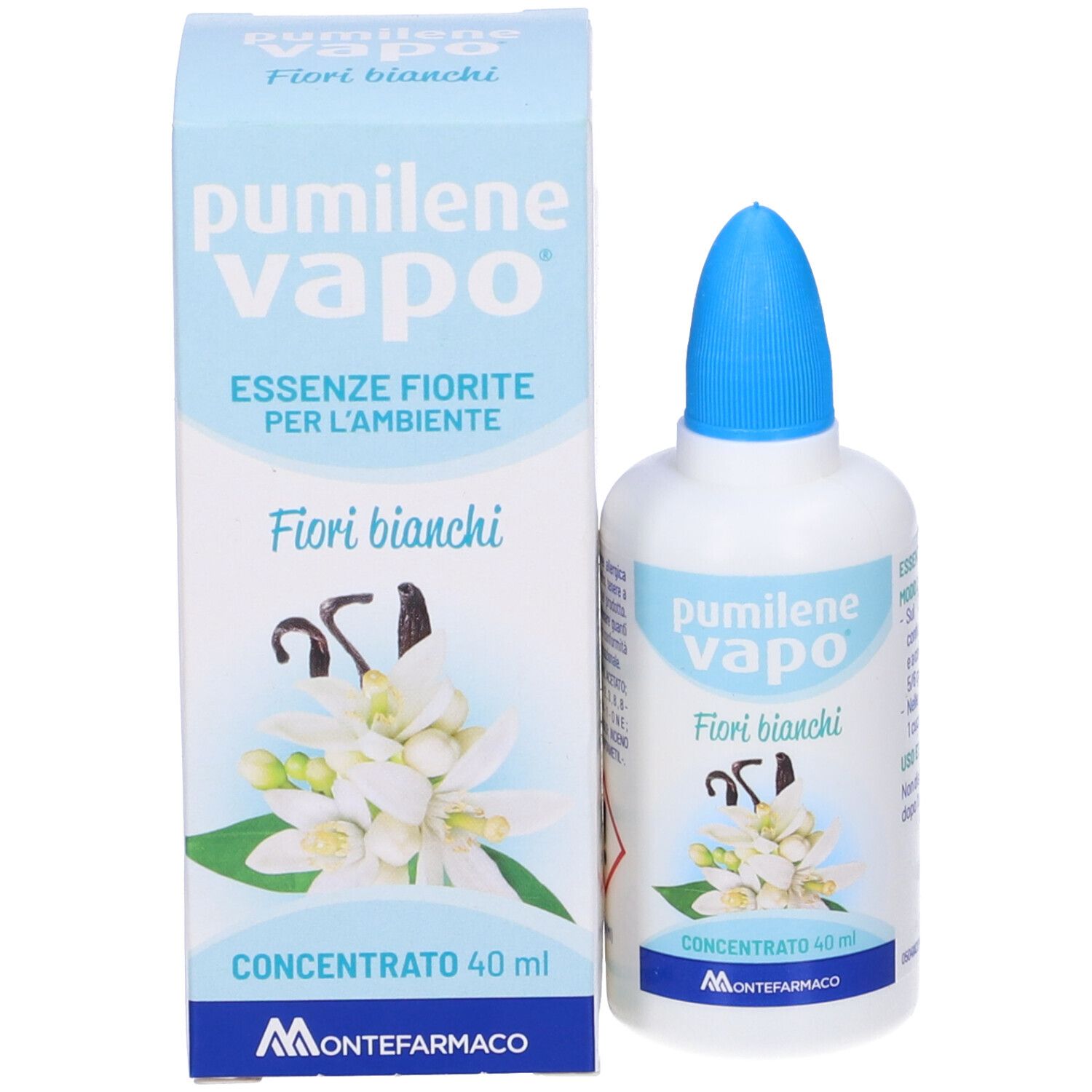 Pumilene Vapo Fiori Bianchi Duftkonzentrat in weißer Flasche mit blauem Verschluss. Kartonverpackung daneben.
