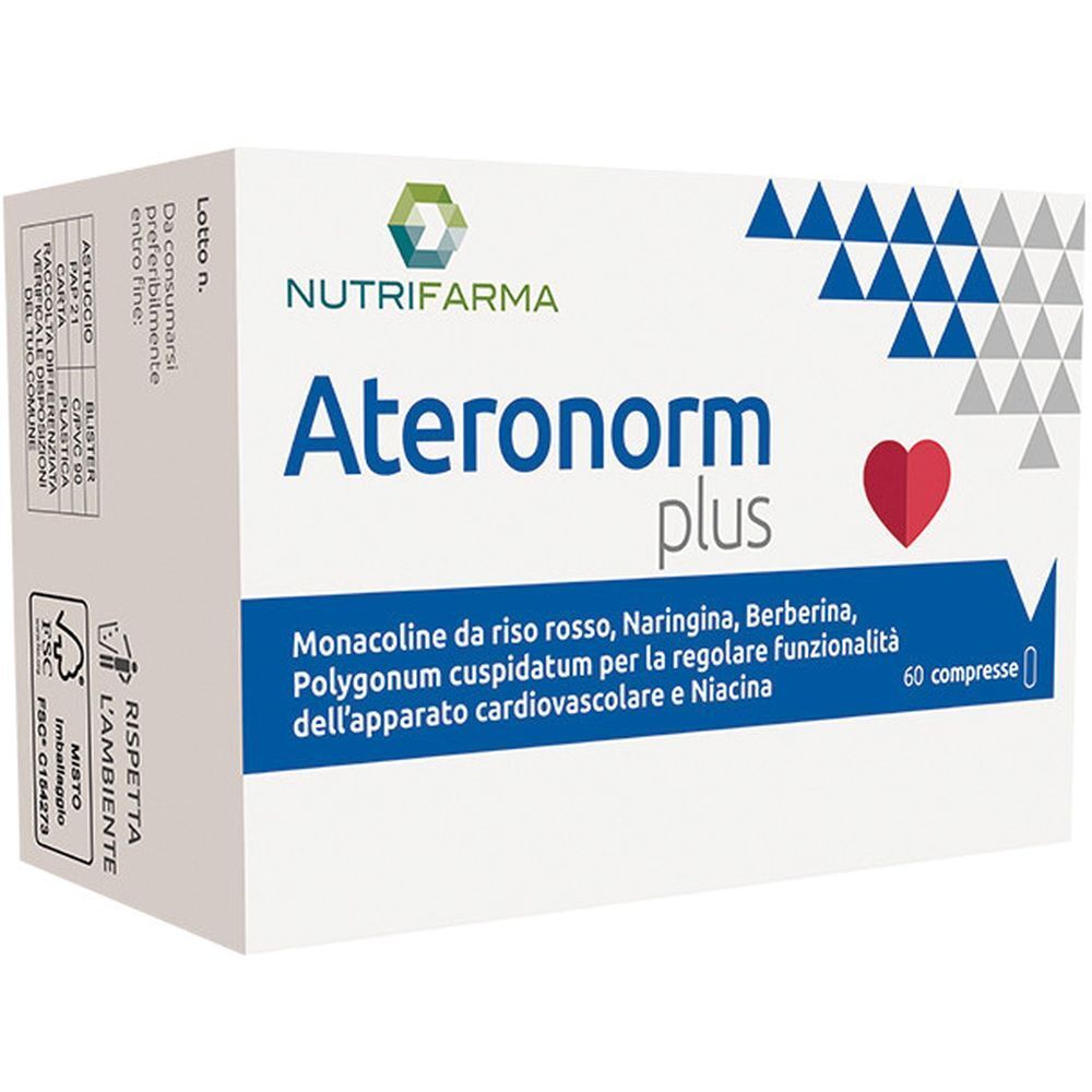 Scatola bianca con logo "Ateronorm plus", cuore rosso e triangoli blu. Testo in italiano.