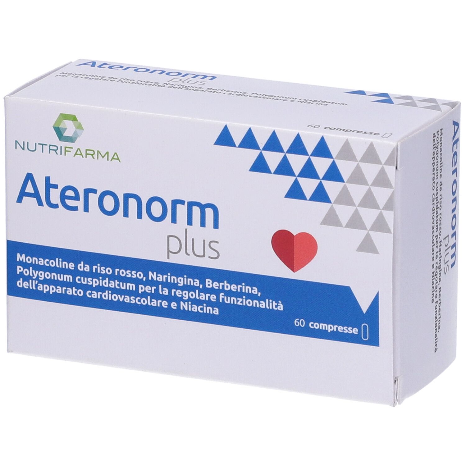 Scatola bianca con logo "Ateronorm plus", cuore rosso e triangoli blu. Testo in italiano.