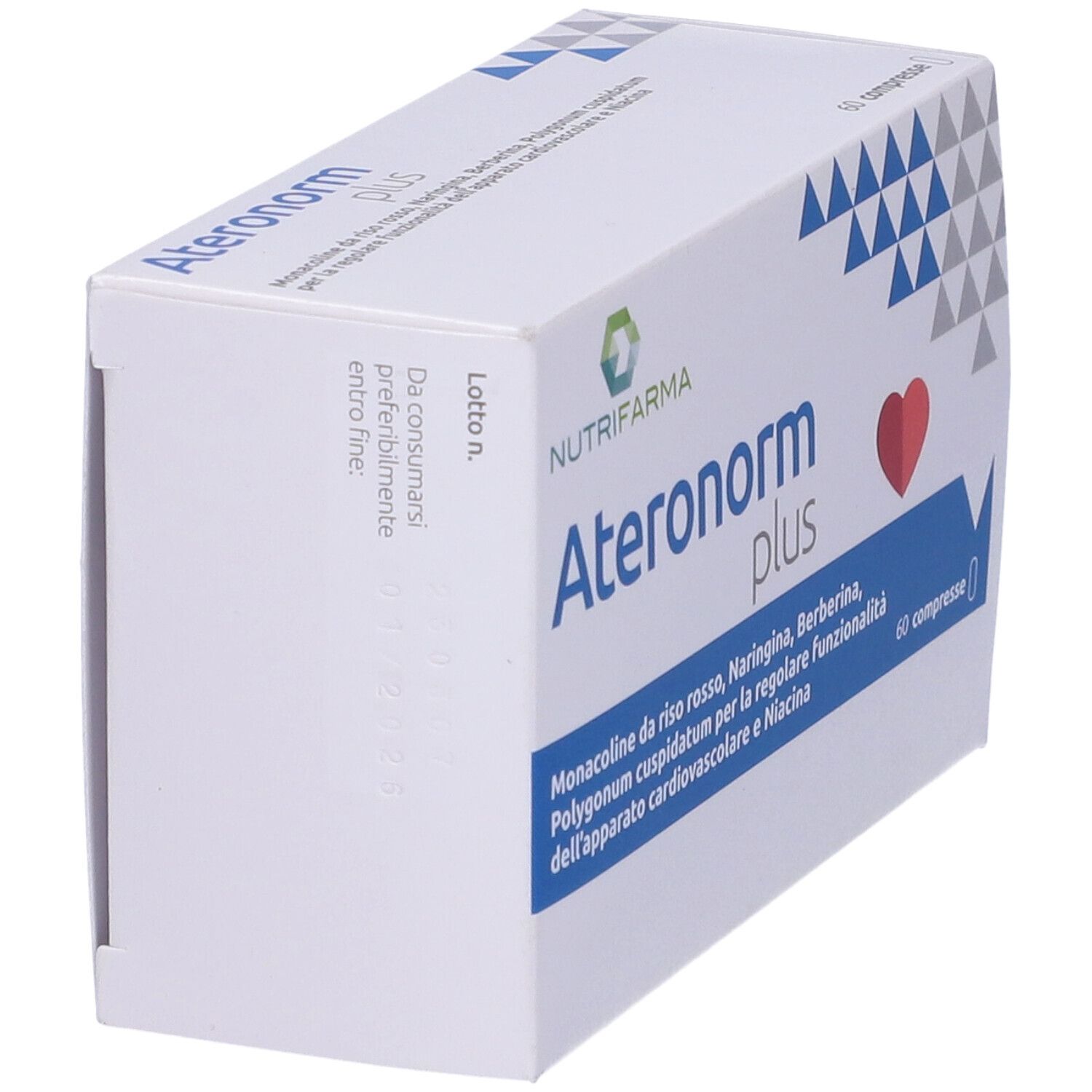 Scatola bianca con logo "Ateronorm plus", cuore rosso e triangoli blu. Testo in italiano.