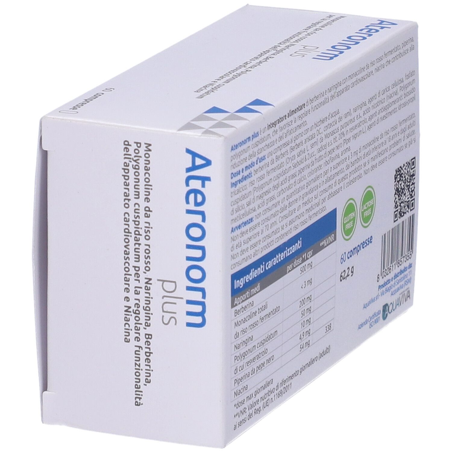 Scatola "Ateronorm plus" vista di lato. Contiene ingredienti e informazioni nutrizionali in italiano.