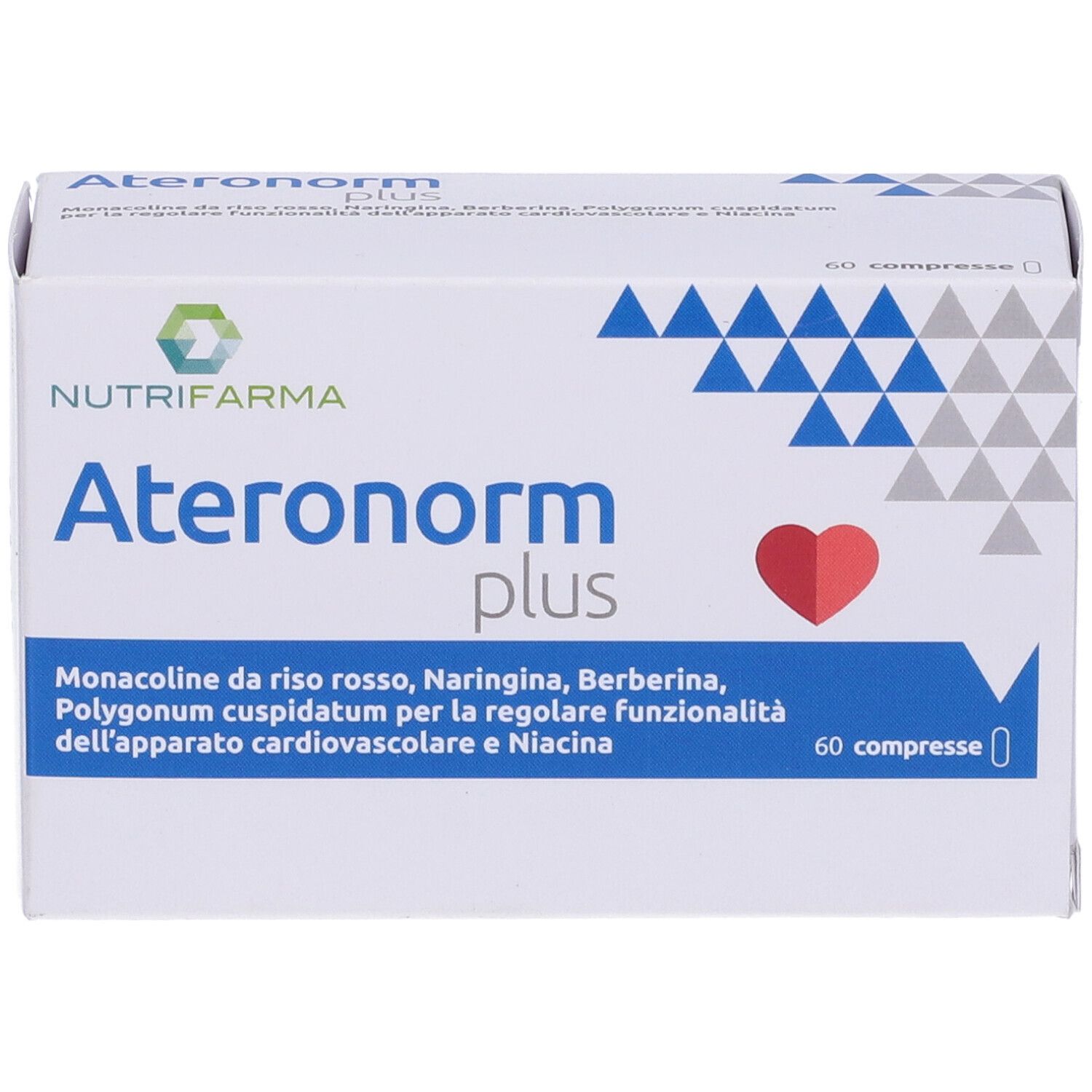 Scatola bianca con logo "Ateronorm plus", cuore rosso e triangoli blu. Testo in italiano.