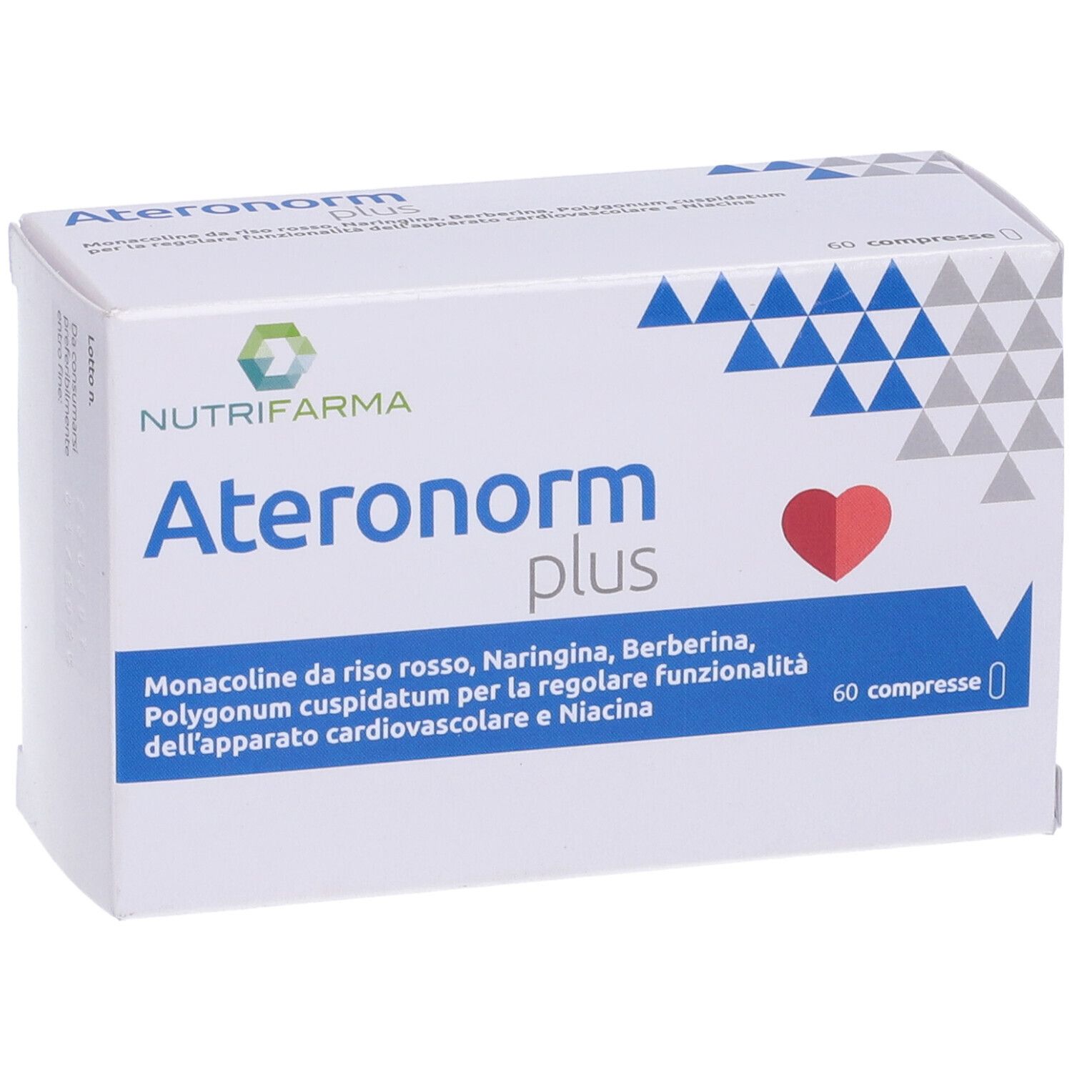 Scatola bianca con logo "Ateronorm plus", cuore rosso e triangoli blu. Testo in italiano.