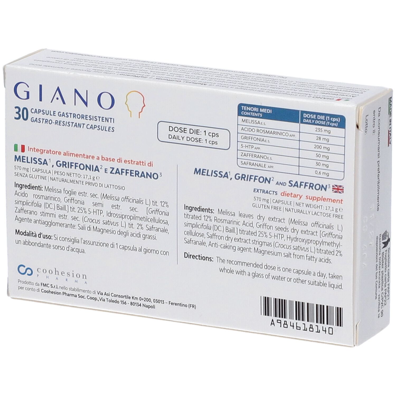 Retro della confezione Giano 30 capsule con ingredienti e indicazioni sul dosaggio.