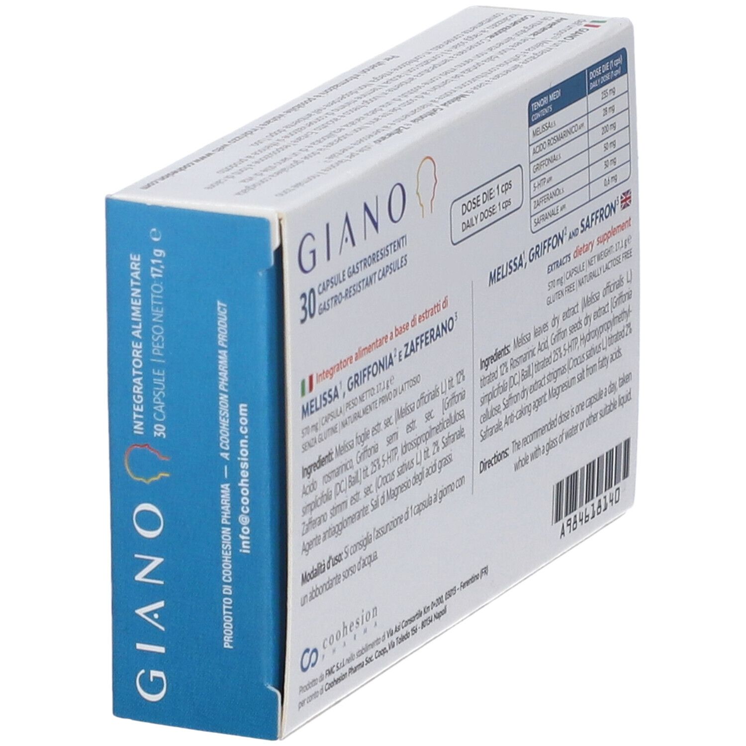 Vista laterale della confezione Giano 30 capsule con informazioni sul prodotto.