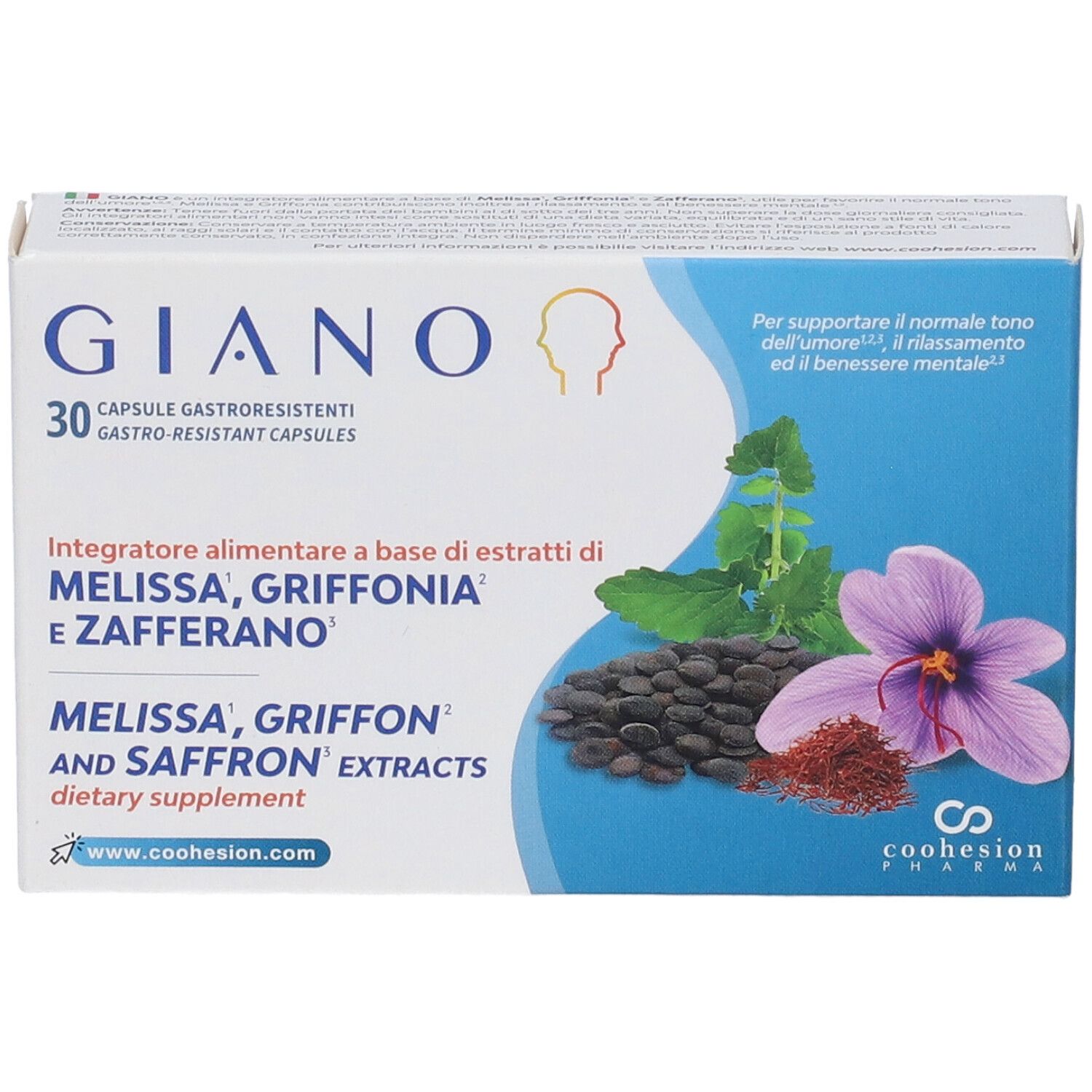 Giano 30 capsule gastroresistenti con melissa, griffonia e zafferano. Contiene 30 capsule.
