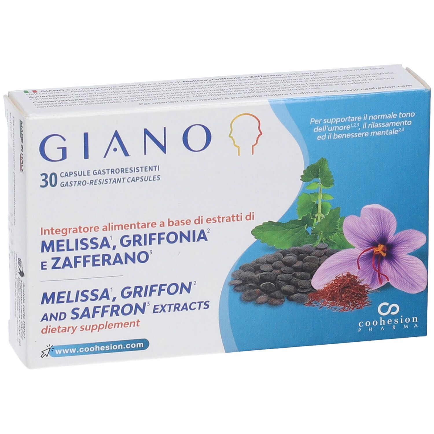 Giano 30 capsule gastroresistenti con melissa, griffonia e zafferano. Contiene 30 capsule.