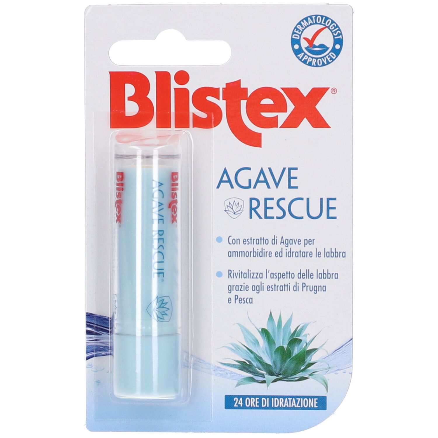 Stick labbra Blistex Agave Rescue in blister. Dermatologicamente testato. Balsamo labbra blu visibile.