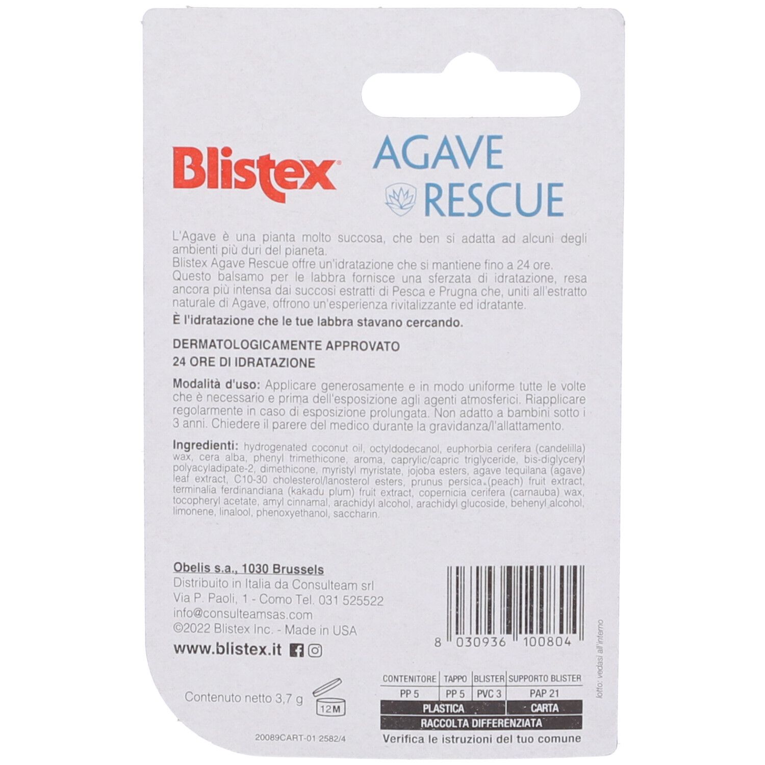 Retro confezione stick labbra Blistex Agave Rescue. Testo e ingredienti. Dermatologicamente testato.