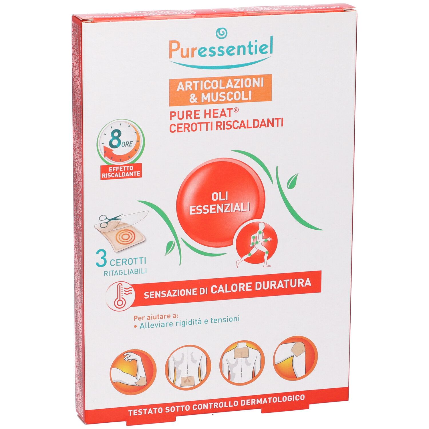 Packung mit 3 aufschneidbaren Wärmepflastern für Gelenke und Muskeln, mit ätherischen Ölen.