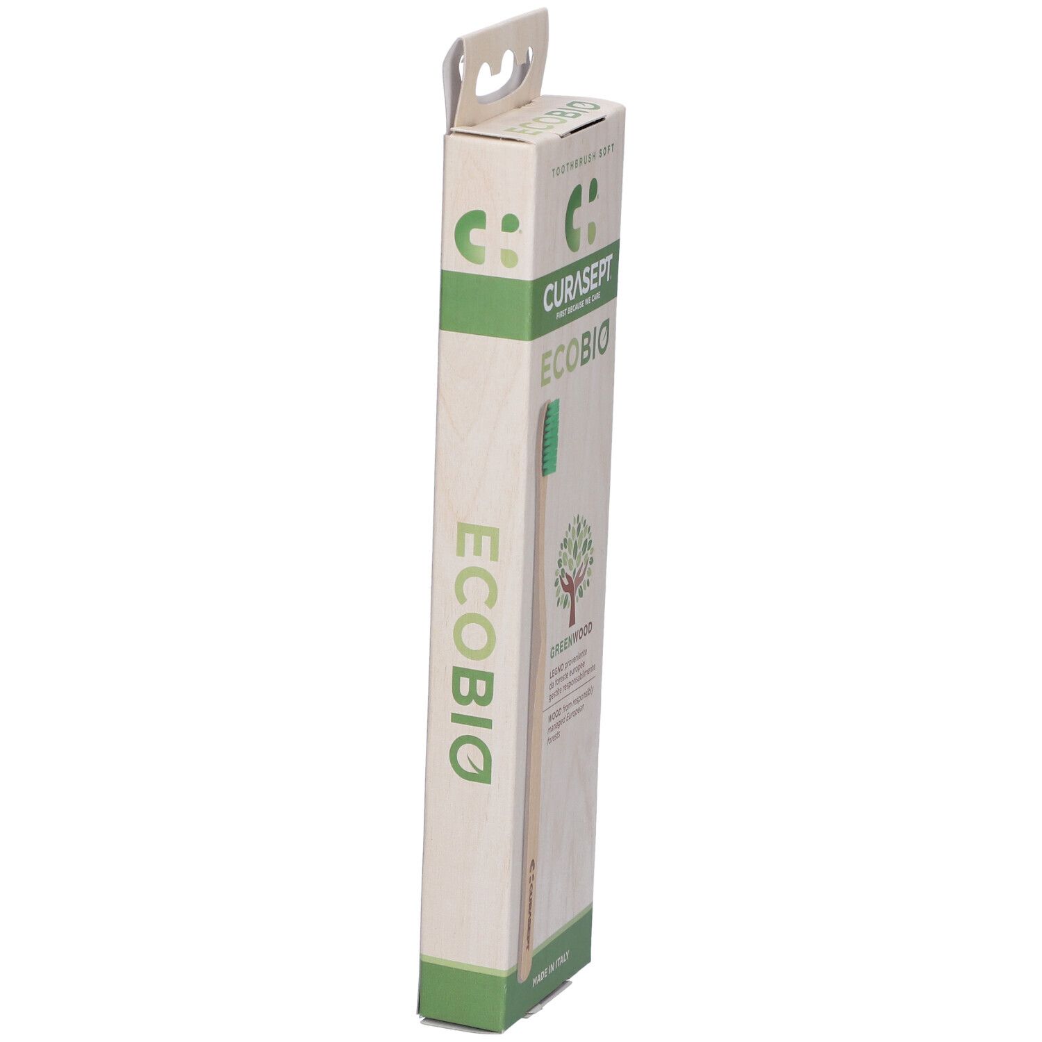 Confezione laterale dello spazzolino Ecobio di Curasept. Testo: Ecobio, certificazione FSC, Made in Italy.