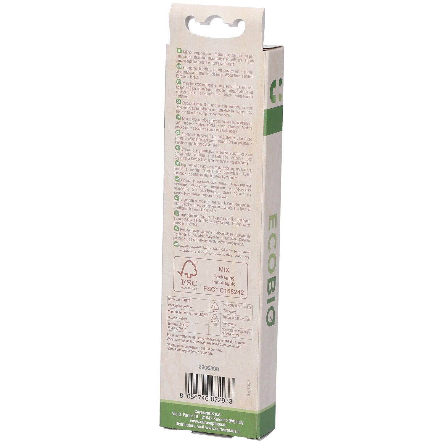 Retro della confezione dello spazzolino. Testo: Ecobio, certificazione FSC, ingredienti, informazioni produttore.