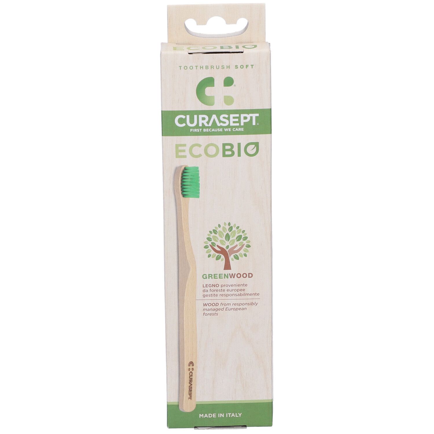 Spazzolino in confezione. Marchio Curasept, modello Ecobio. Testina verde, manico in legno. Certificazione FSC.