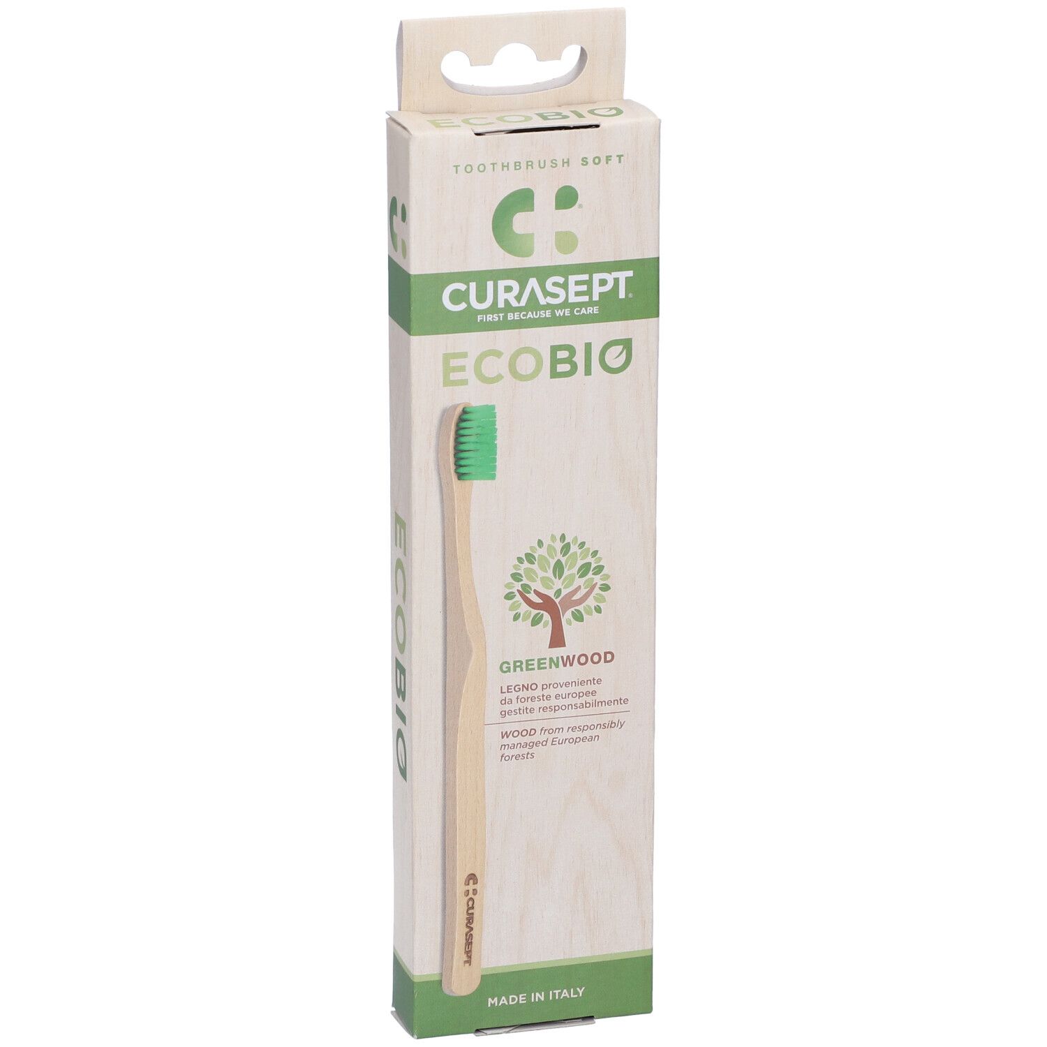 Spazzolino in confezione. Marchio Curasept, modello Ecobio. Testina verde, manico in legno. Certificazione FSC.