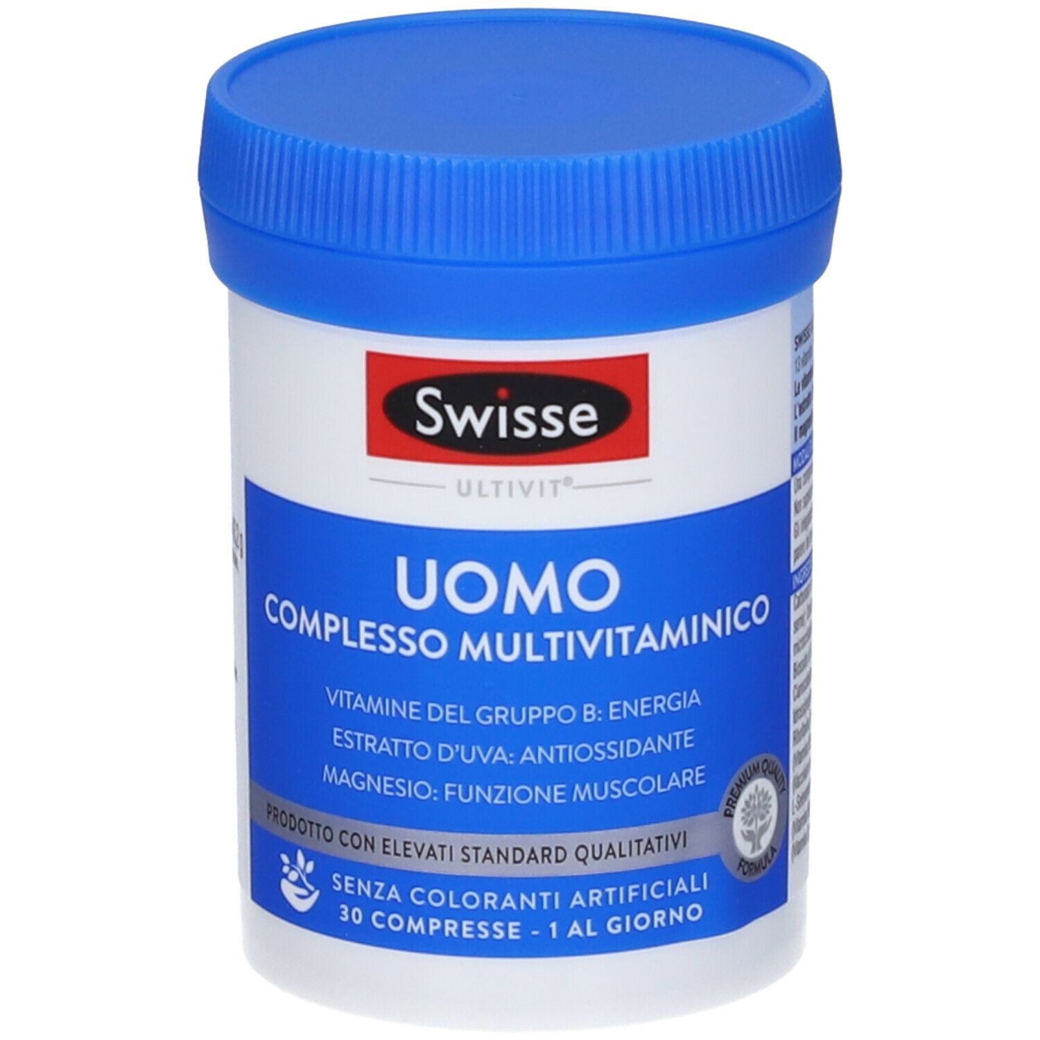 Barattolo bianco con coperchio blu. Scritta: Swisse Uomo Complesso Multivitaminico. Contiene 30 compresse.