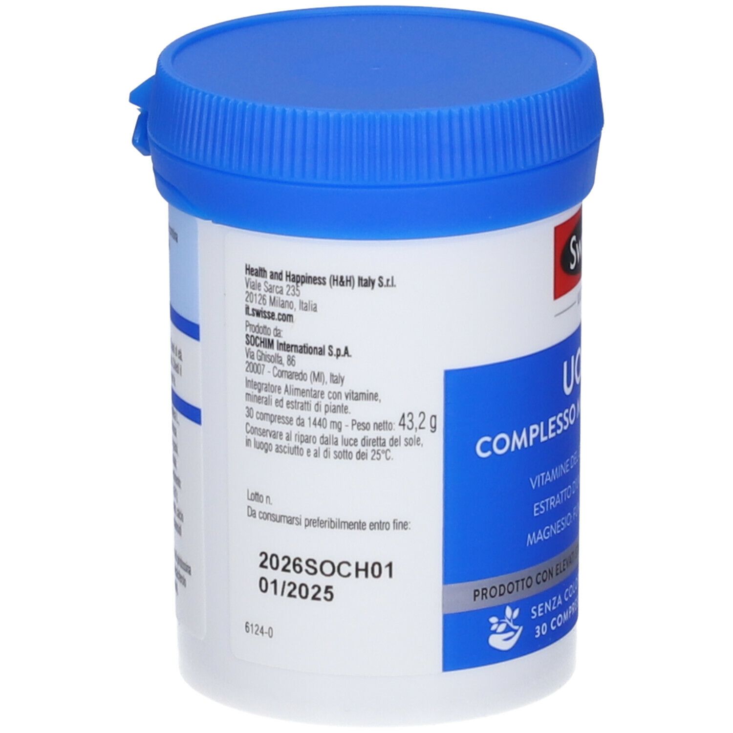 Barattolo bianco con coperchio blu. Scritta: Swisse Uomo Complesso Multivitaminico. Retro con testo e data di scadenza.