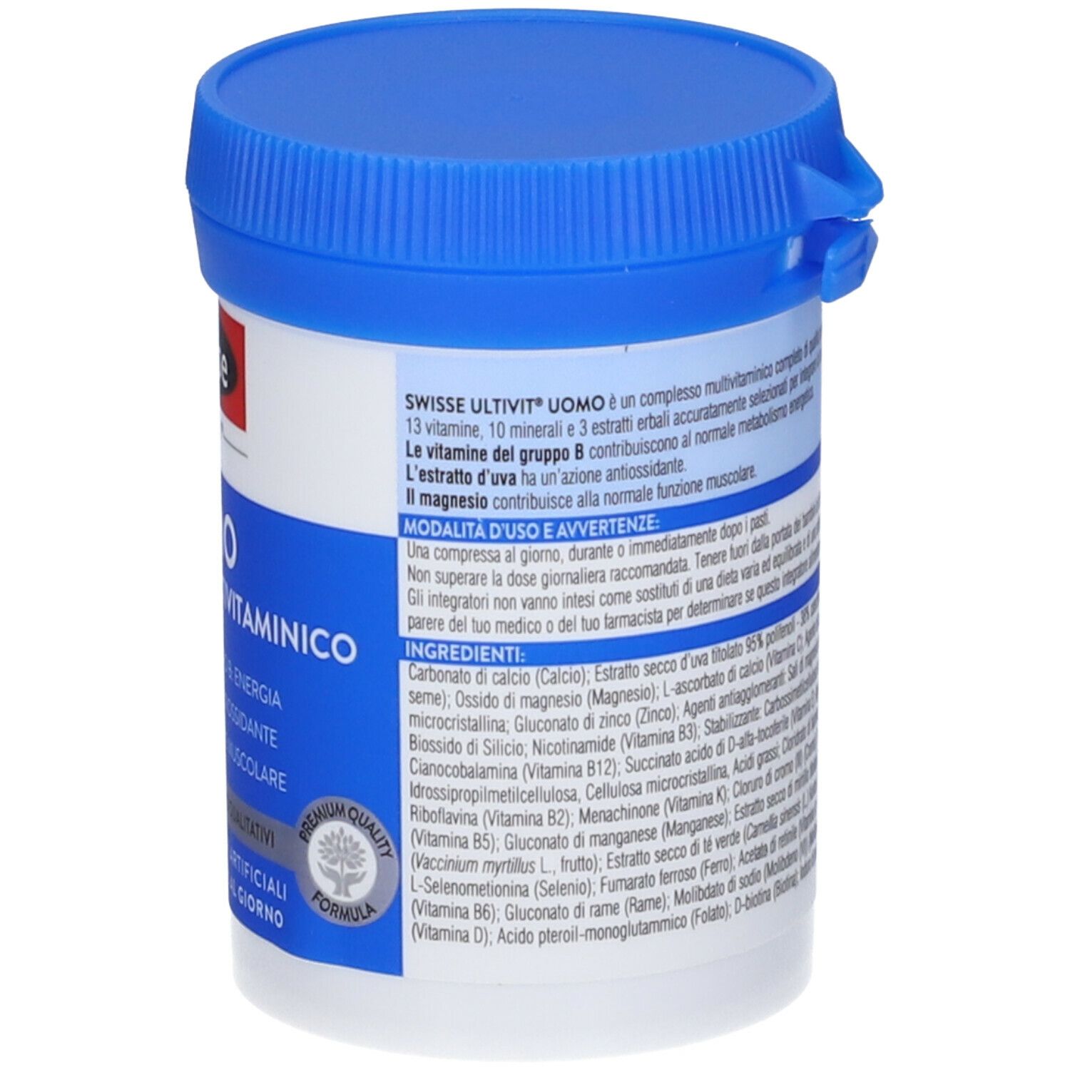 Barattolo bianco con coperchio blu. Scritta: Swisse Uomo Complesso Multivitaminico. Testo con ingredienti e informazioni.