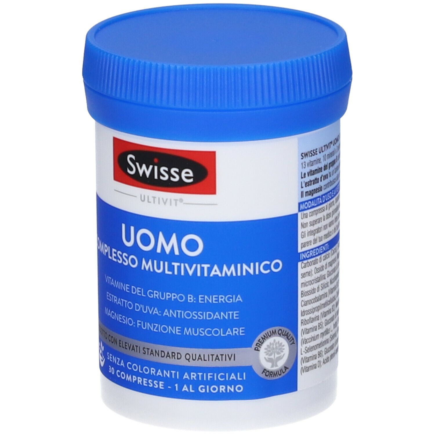Barattolo bianco con coperchio blu. Scritta: Swisse Uomo Complesso Multivitaminico. Contiene 30 compresse.