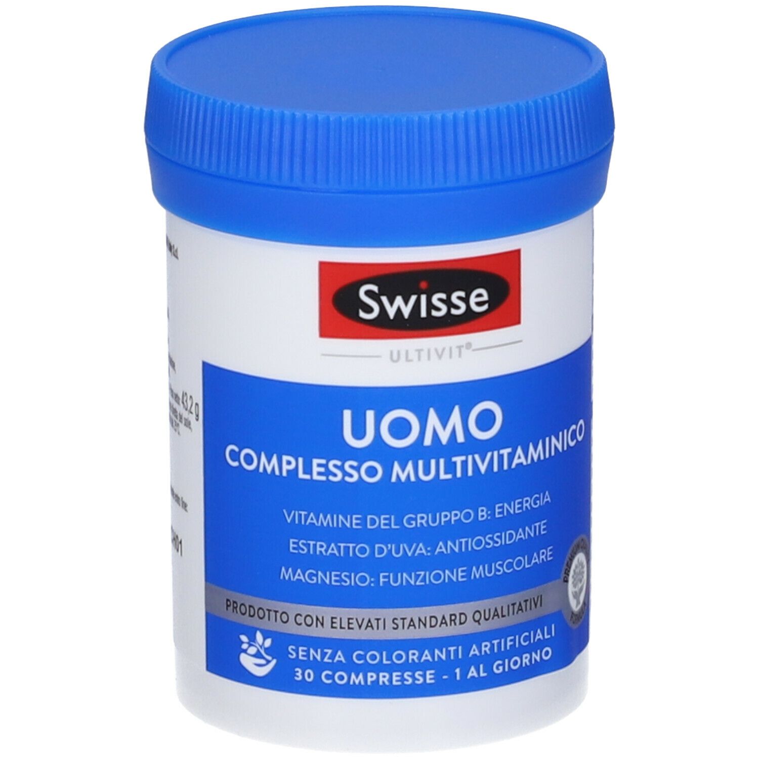 Barattolo bianco con coperchio blu. Scritta: Swisse Uomo Complesso Multivitaminico. Contiene 30 compresse.
