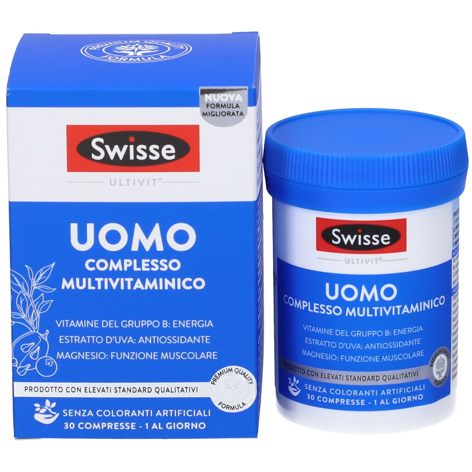 Confezione e barattolo del prodotto. Scritta: Swisse Uomo Complesso Multivitaminico. Contiene 30 compresse.