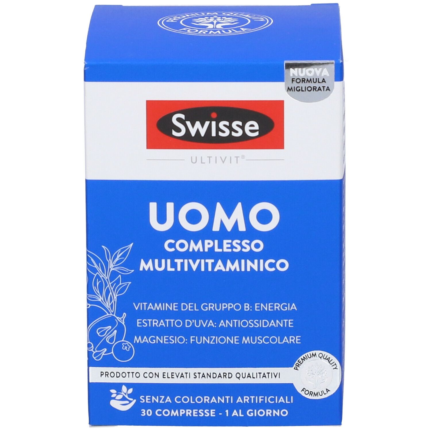 Confezione del prodotto. Scritta: Swisse Uomo Complesso Multivitaminico. Contiene 30 compresse.