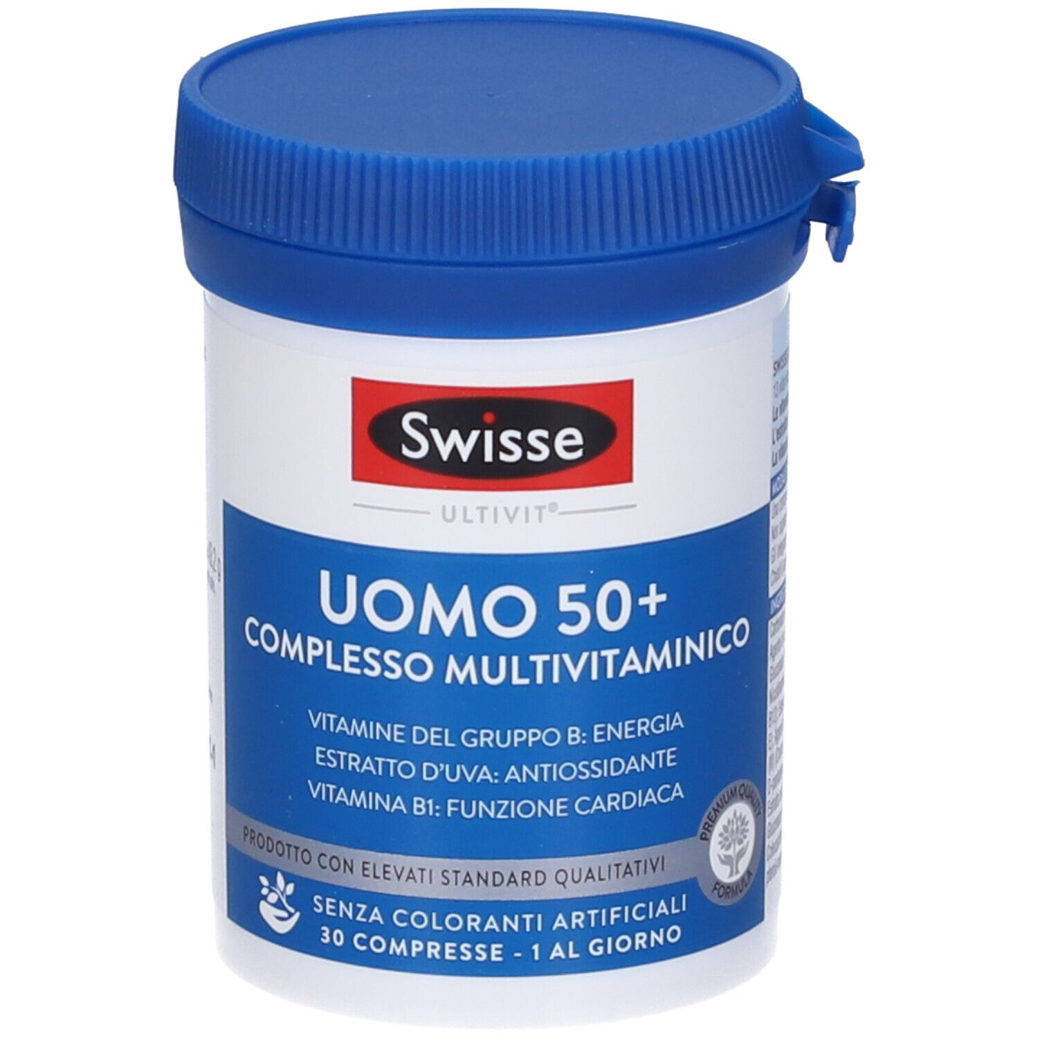 Swisse Uomo 50+ Complesso Multivitaminico. Flacone bianco con tappo blu. Testo: Uomo 50+, vitamine, 30 compresse. Marchio Swisse.