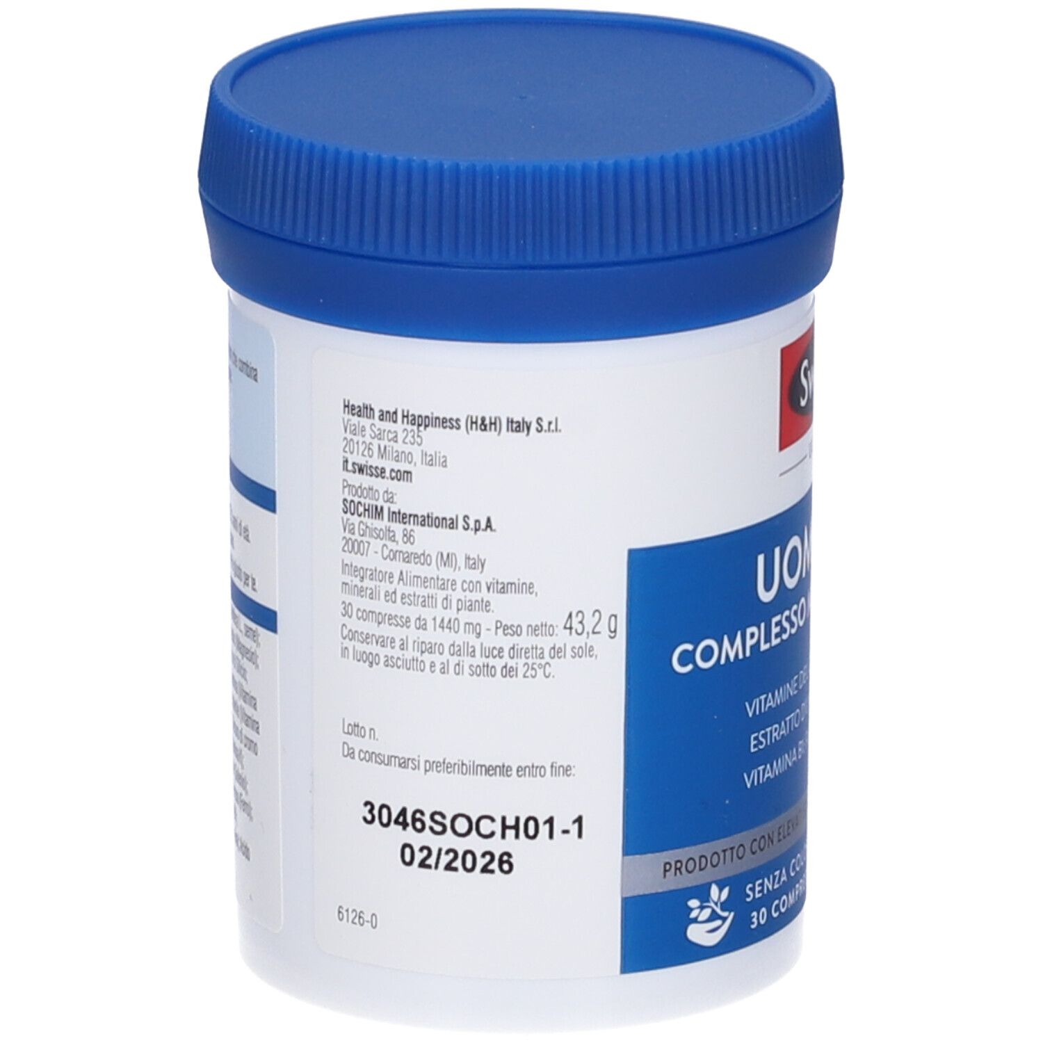 Retro del flacone Swisse Uomo 50+. Testo: ingredienti, informazioni nutrizionali, indirizzo del produttore, scadenza. Tappo blu.