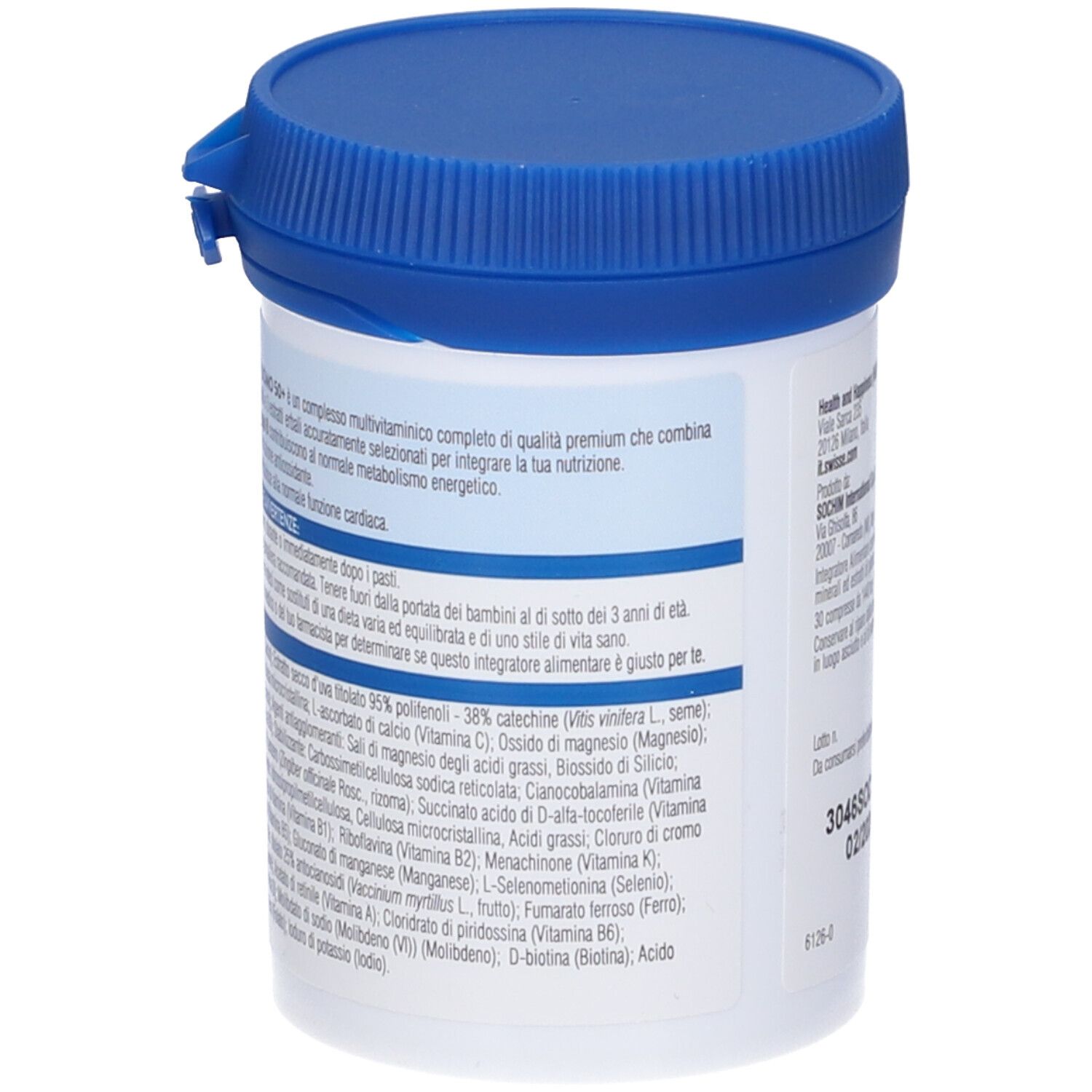 Retro del flacone Swisse Uomo 50+. Testo: ingredienti, informazioni nutrizionali, indirizzo del produttore, scadenza. Tappo blu.