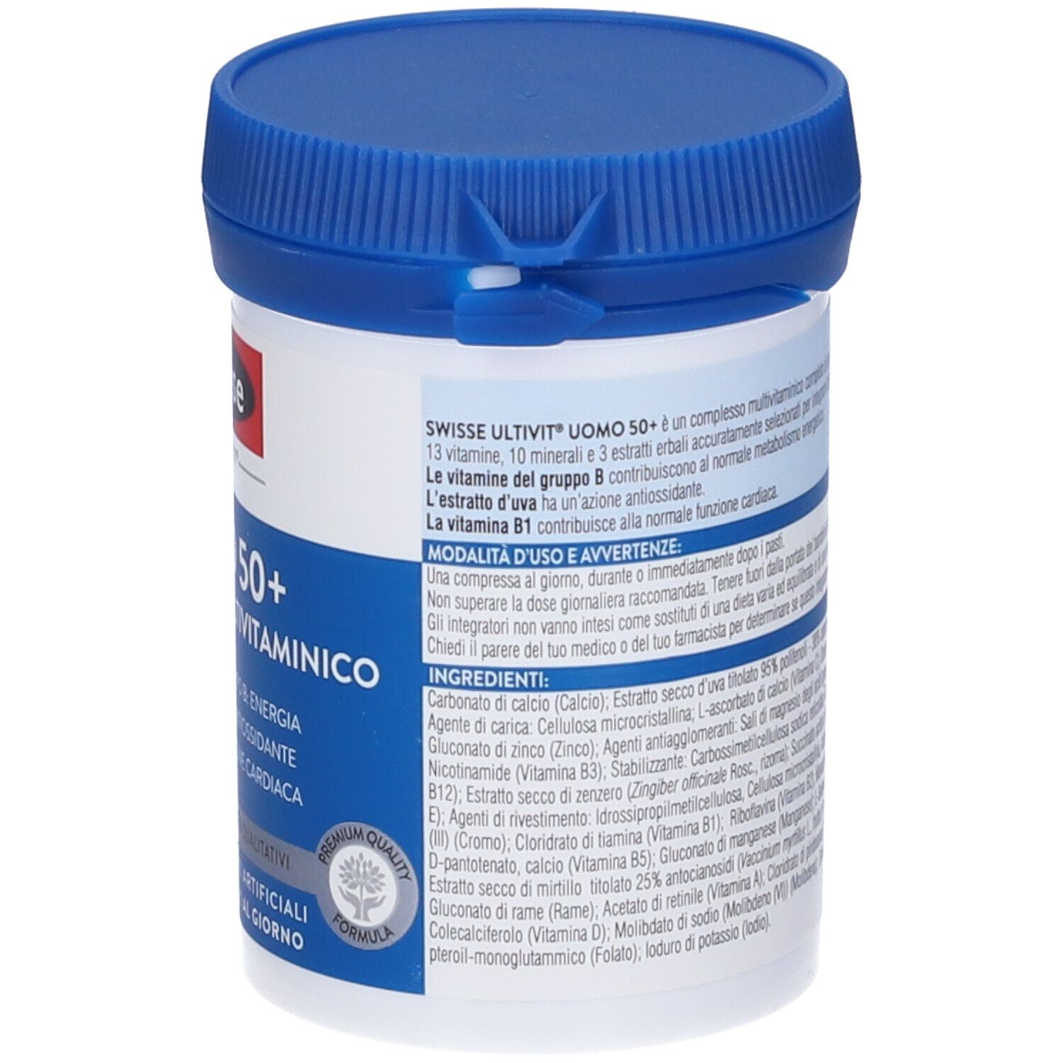 Swisse Uomo 50+ Complesso Multivitaminico. Flacone bianco con tappo blu. Testo: Uomo 50+, vitamine, 30 compresse. Marchio Swisse.