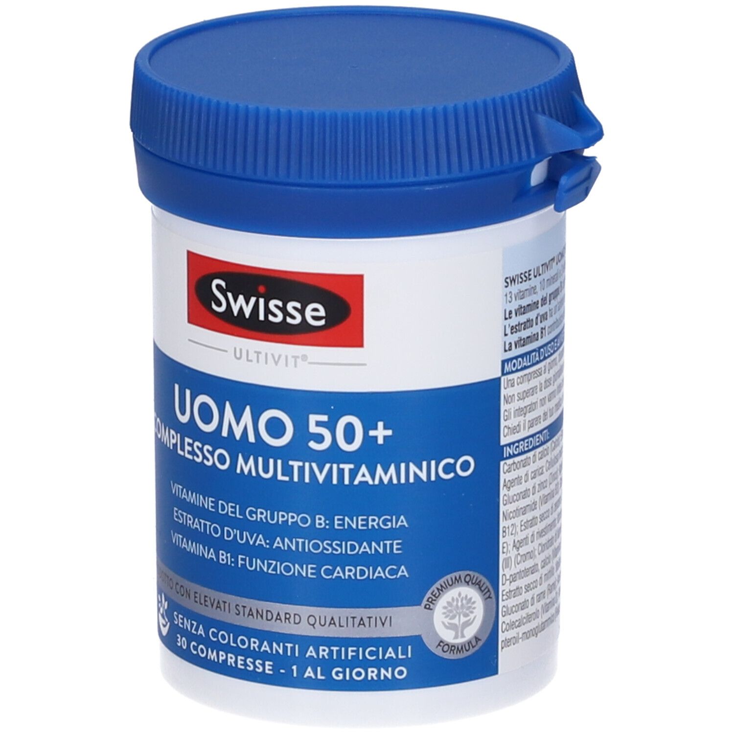 Swisse Uomo 50+ Complesso Multivitaminico. Flacone bianco con tappo blu. Testo: Uomo 50+, vitamine, 30 compresse. Marchio Swisse.