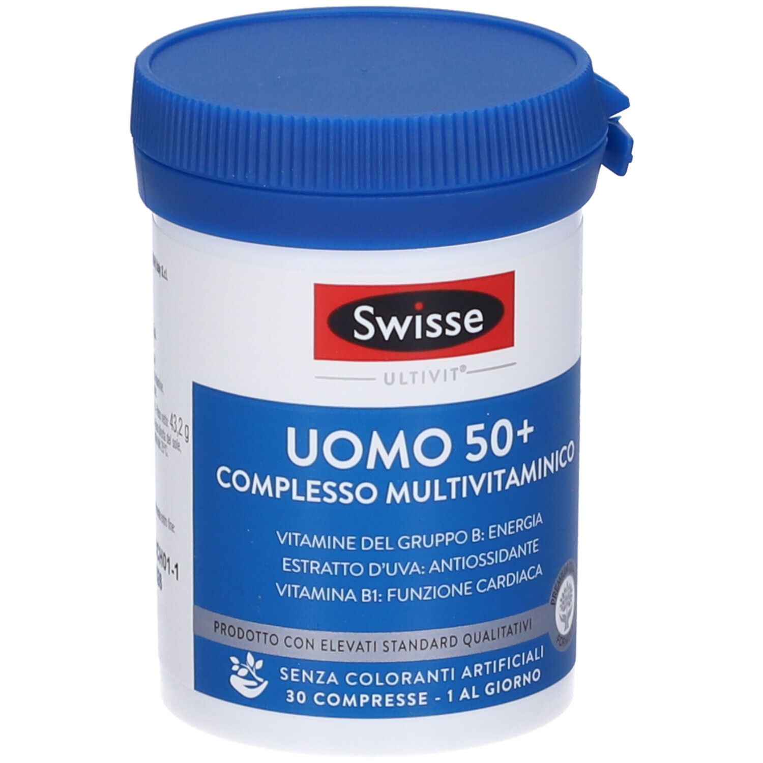 Swisse Uomo 50+ Complesso Multivitaminico. Flacone bianco con tappo blu. Testo: Uomo 50+, vitamine, 30 compresse. Marchio Swisse.