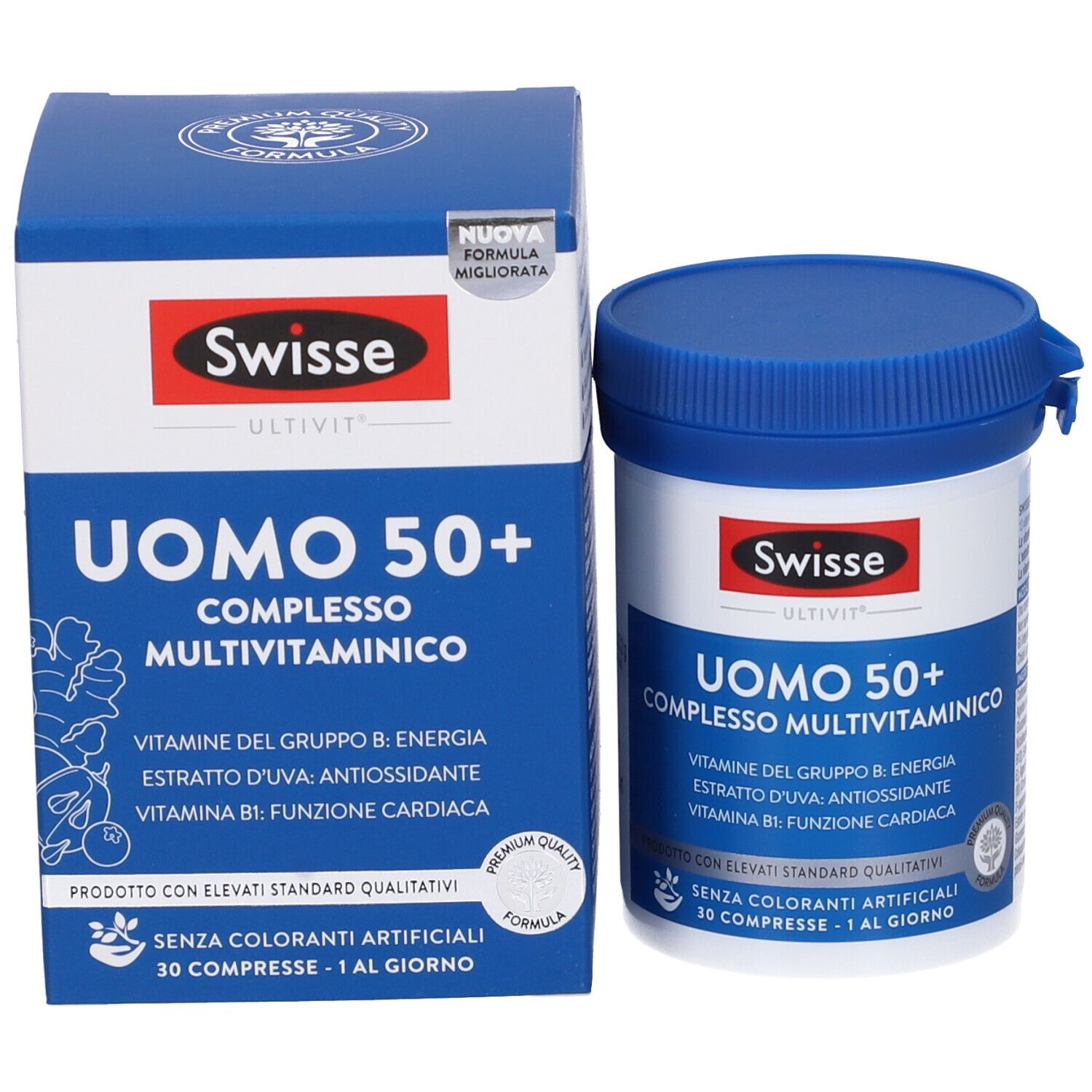 Swisse Uomo 50+ Complesso Multivitaminico. Scatola e flacone. Tappo blu, flacone bianco. Testo: Uomo 50+, vitamine, 30 compresse.