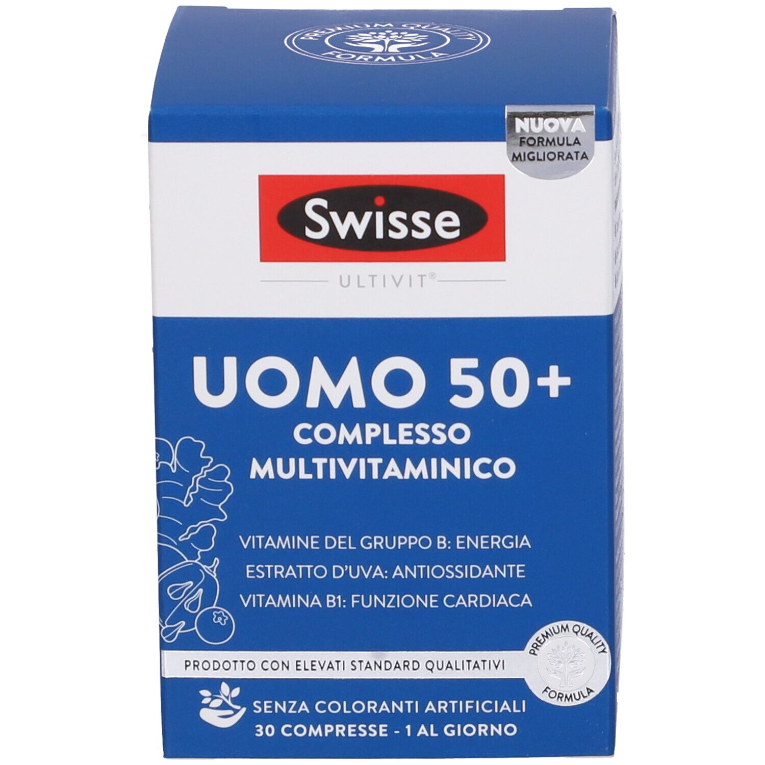 Swisse Uomo 50+ Complesso Multivitaminico. Scatola. Testo: Uomo 50+, vitamine, 30 compresse. Marchio Swisse.