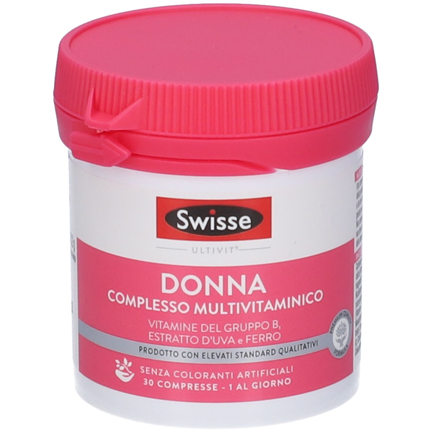 Barattolo rotondo con coperchio rosa. Scritta: Swisse Donna Complesso Multivitaminico. 30 compresse.