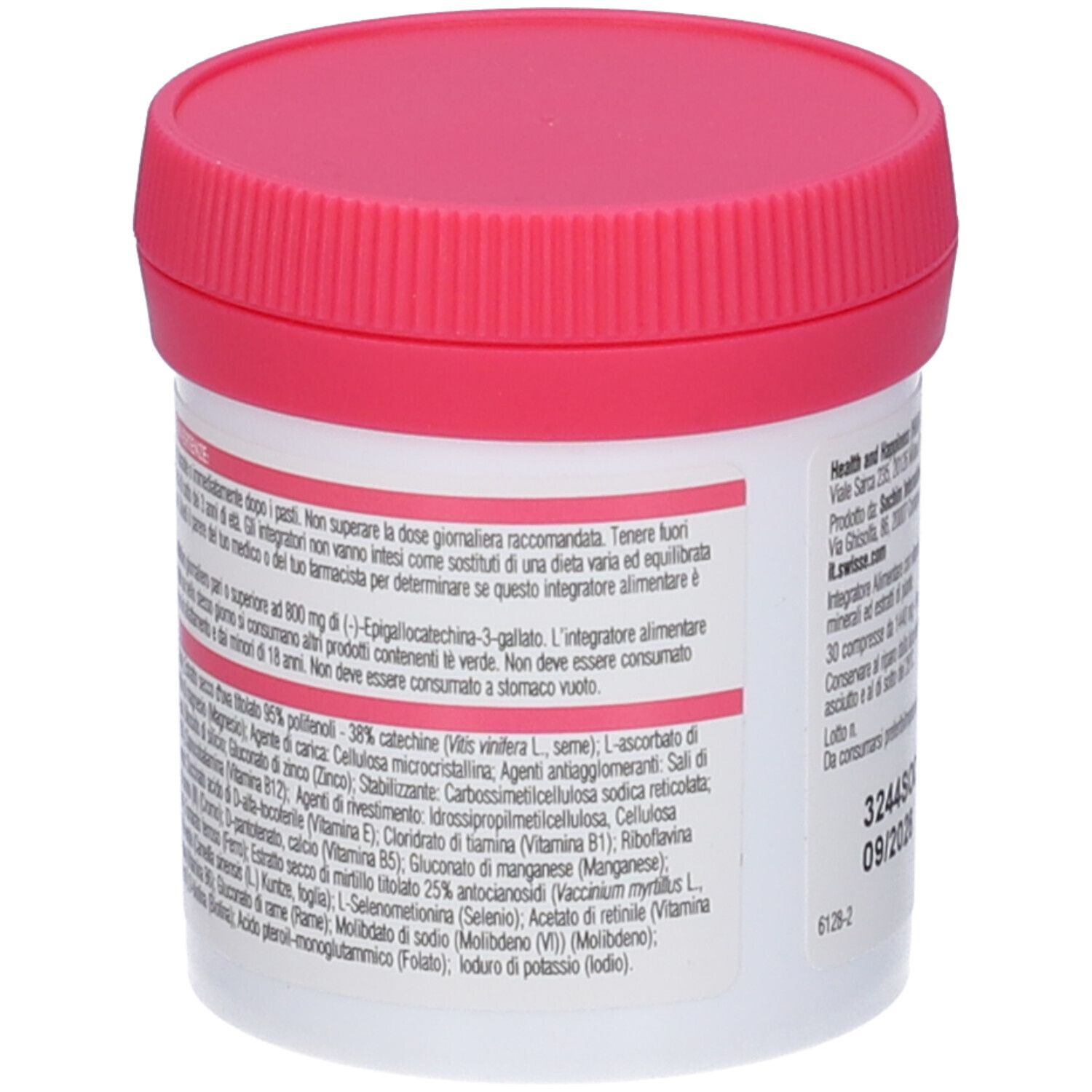 Retro del barattolo. Testo con ingredienti e informazioni produttore. Contiene vitamine e minerali.