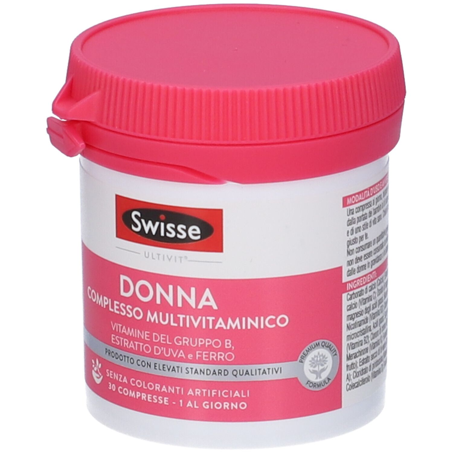 Barattolo rotondo con coperchio rosa. Scritta: Swisse Donna Complesso Multivitaminico. 30 compresse.