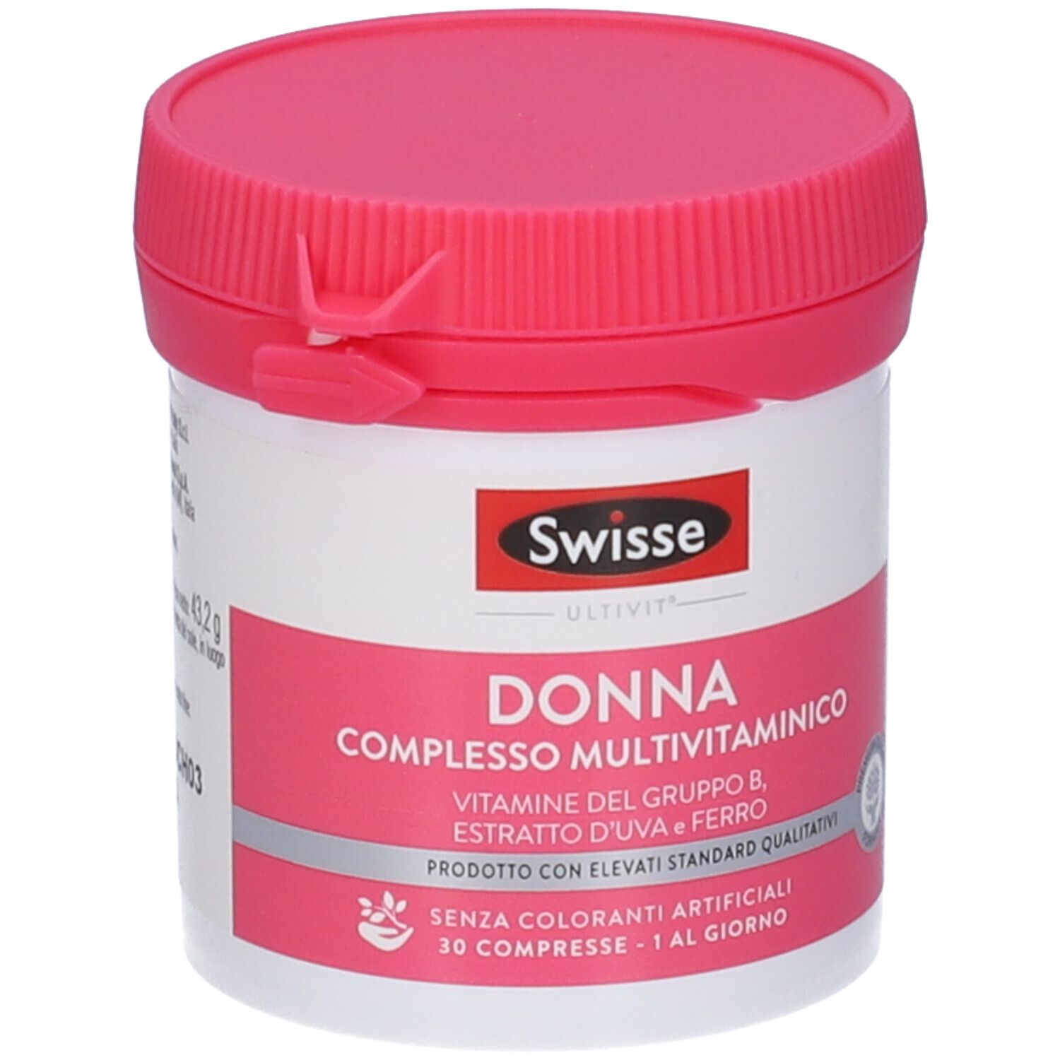 Barattolo rotondo con coperchio rosa. Scritta: Swisse Donna Complesso Multivitaminico. 30 compresse.