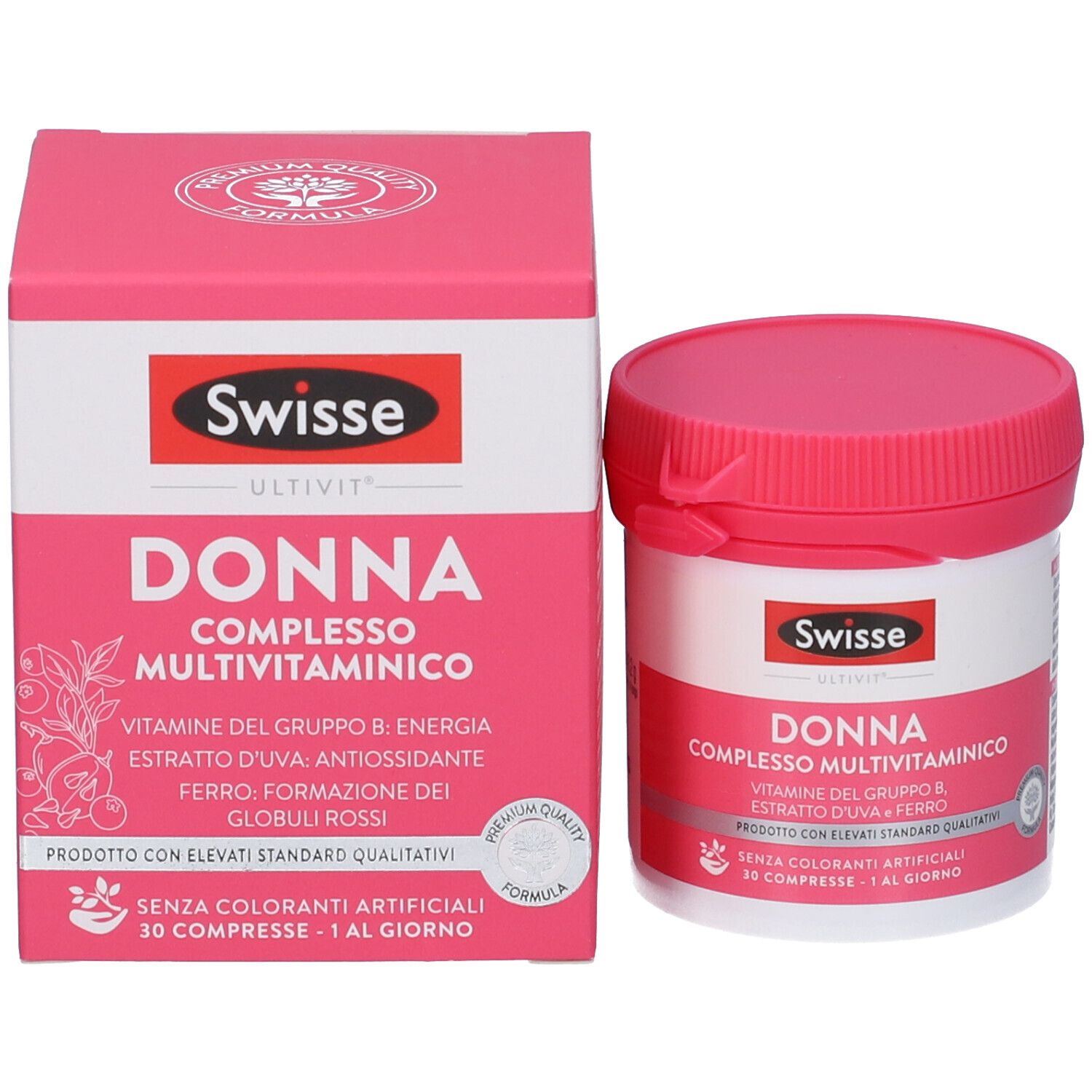 Confezione del prodotto con barattolo e scatola. Scritta: Swisse Donna Complesso Multivitaminico. 30 compresse.