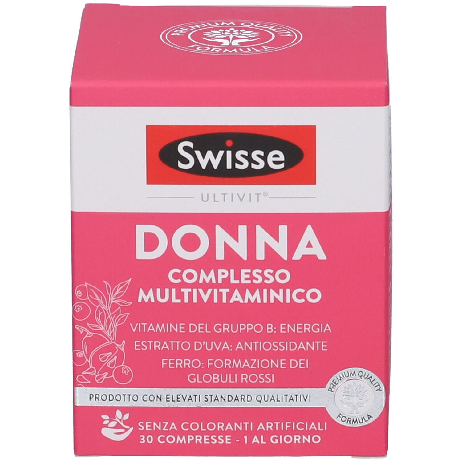 Scatola rosa. Scritta: Swisse Donna Complesso Multivitaminico. 30 compresse. Contiene vitamine e ferro.