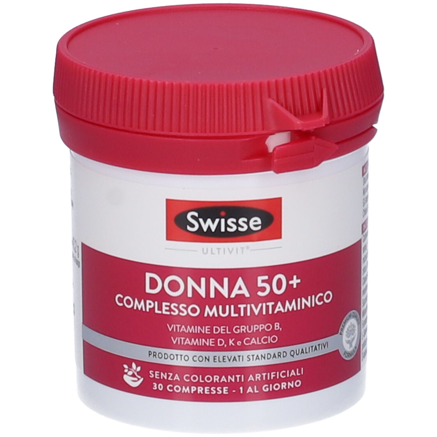 Barattolo bianco con coperchio rosso. Scritta: Swisse Donna 50+ Complesso Multivitaminico. 30 compresse.