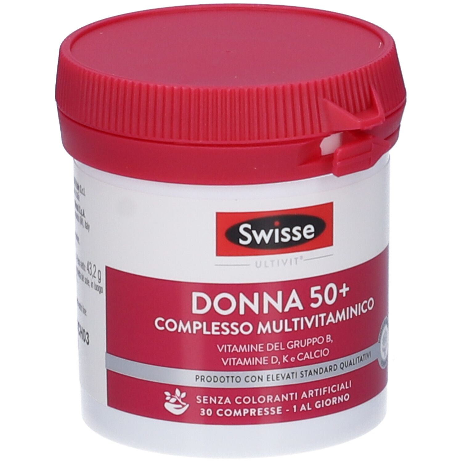 Barattolo bianco con coperchio rosso. Scritta: Swisse Donna 50+ Complesso Multivitaminico. 30 compresse.