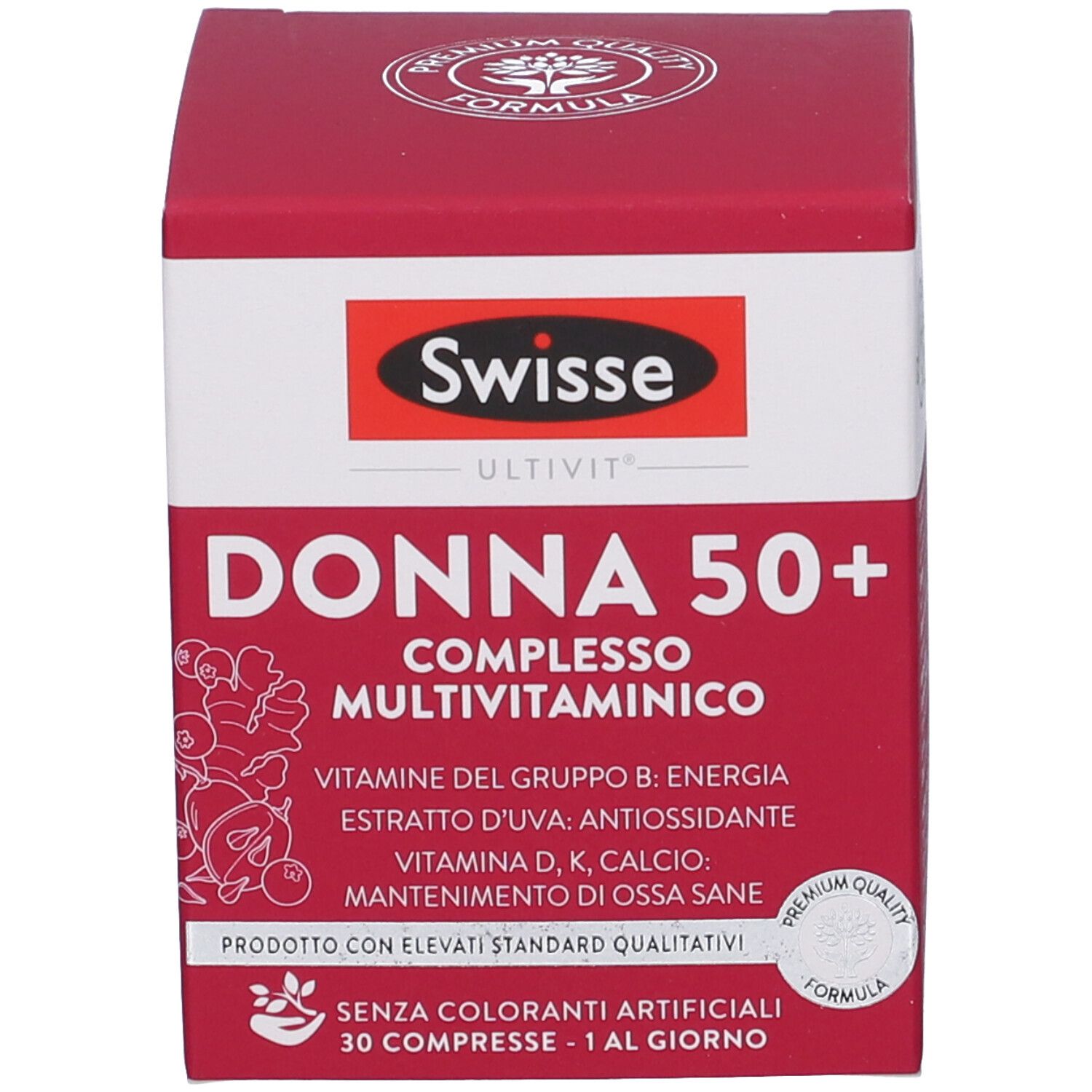 Scatola rossa. Scritta: Swisse Donna 50+ Complesso Multivitaminico. 30 compresse. Illustrazione di frutta.