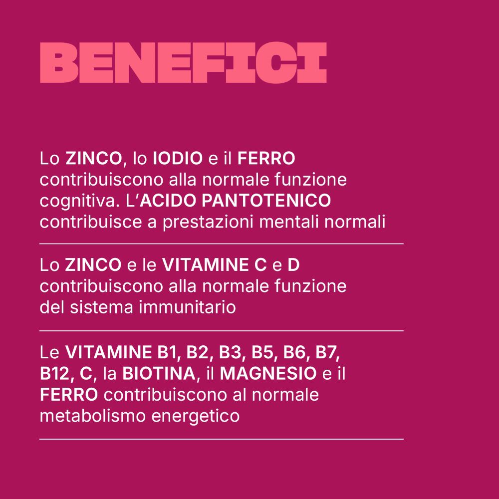 Text auf rosa Hintergrund: Vorteile von Zink, Jod, Eisen, Pantothensäure, Vitaminen C, D, B1-B12, Biotin, Magnesium.