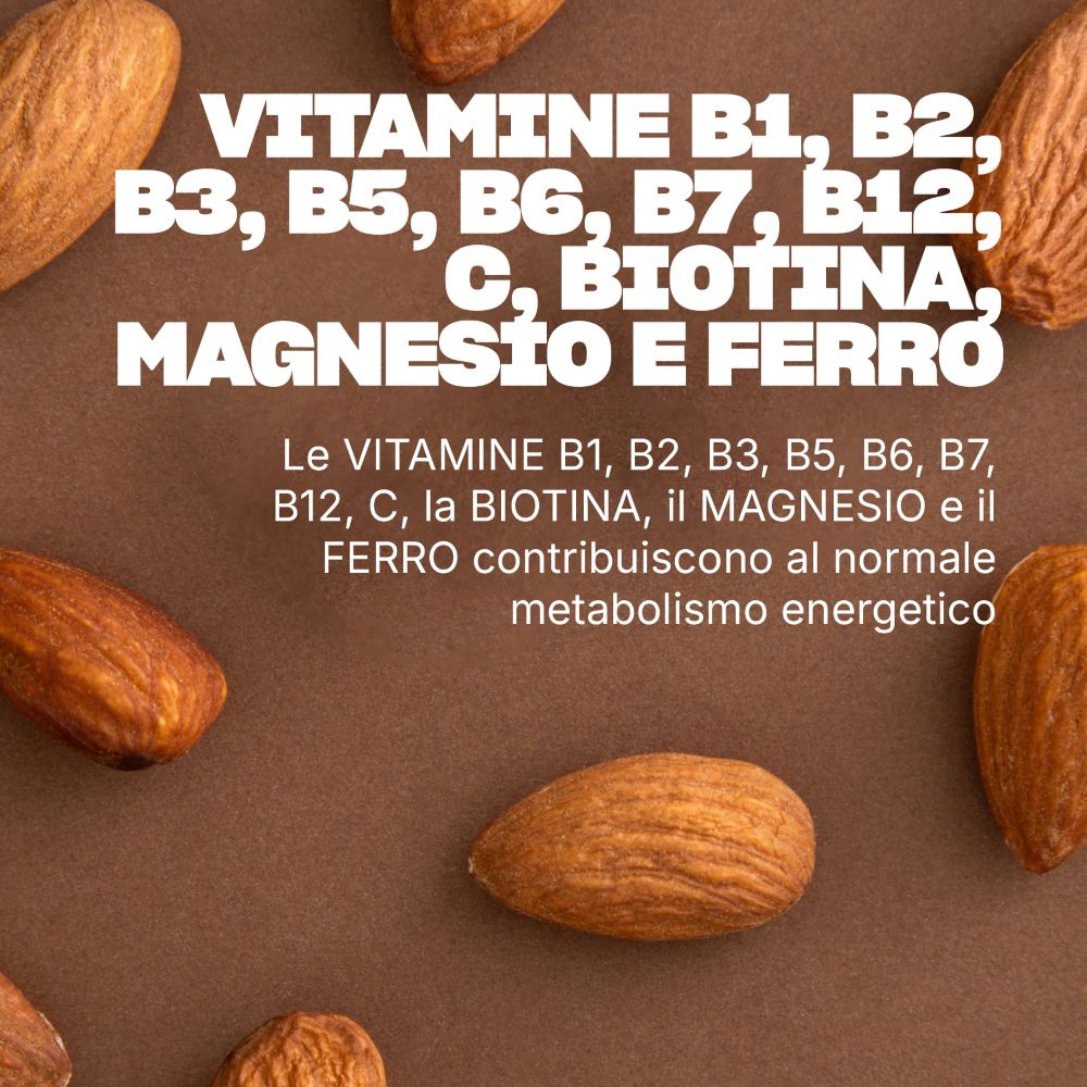 Nahaufnahme von Mandeln. Text: Vitamine B1, B2, B3, B5, B6, B7, B12, C, Biotin, Magnesium und Eisen.