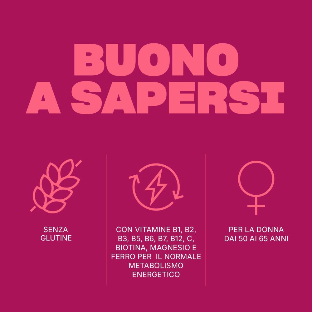 Text auf rosa Hintergrund: Glutenfrei, Vitamine B1-B12, Biotin, Magnesium, Eisen für normalen Energiestoffwechsel.